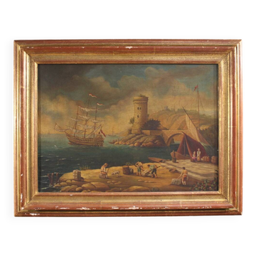 20th century Italian painting of a harbor view
