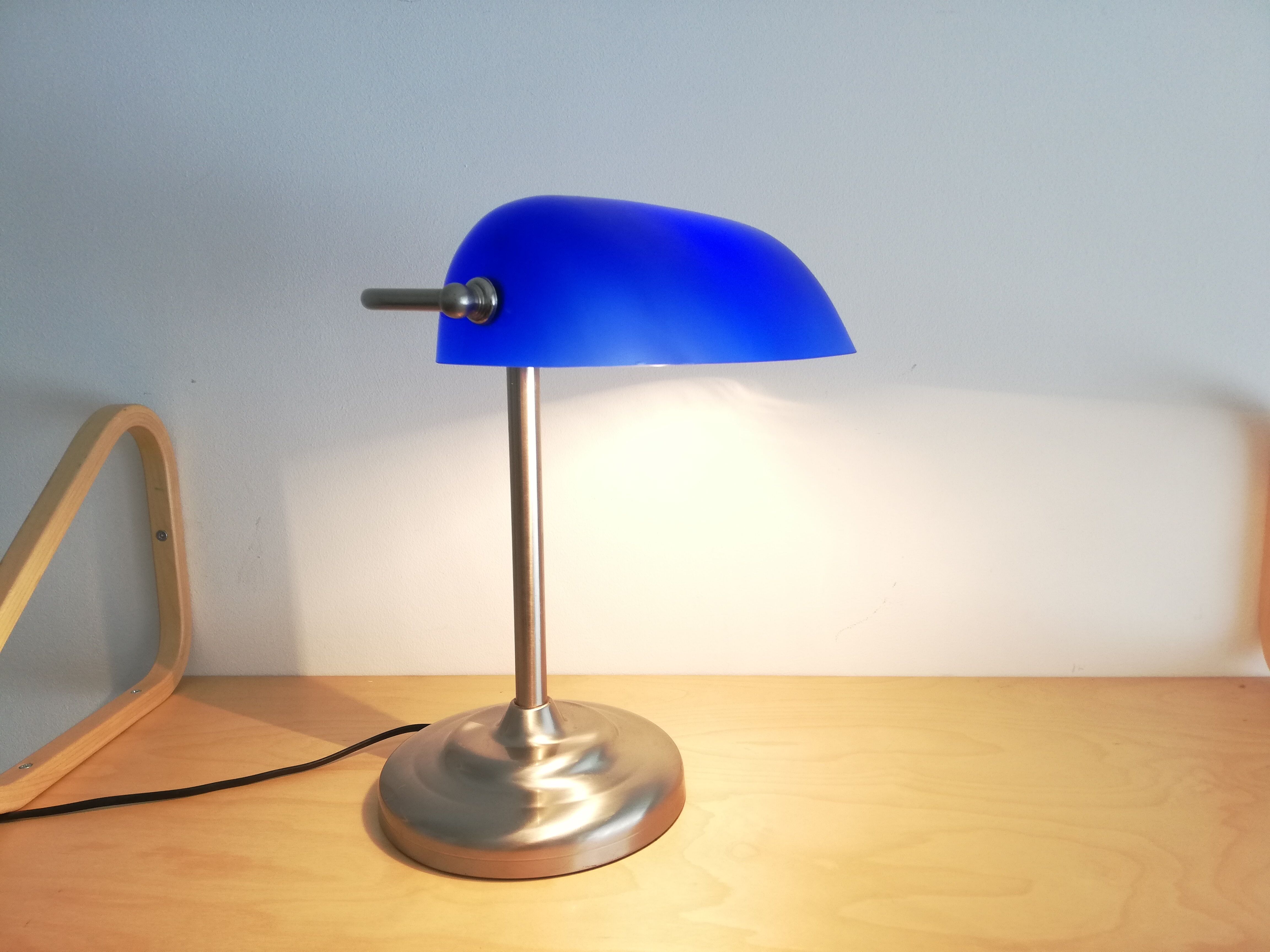 Blue glass and brass bankers lamp