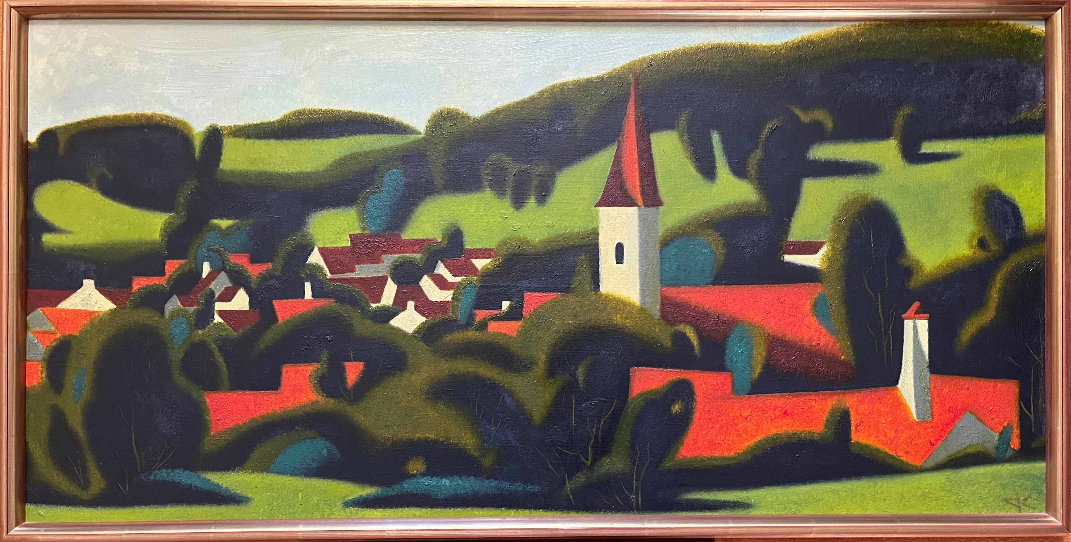 Tableau HST Post Cubiste encadré "Le village au clocher" signé DC