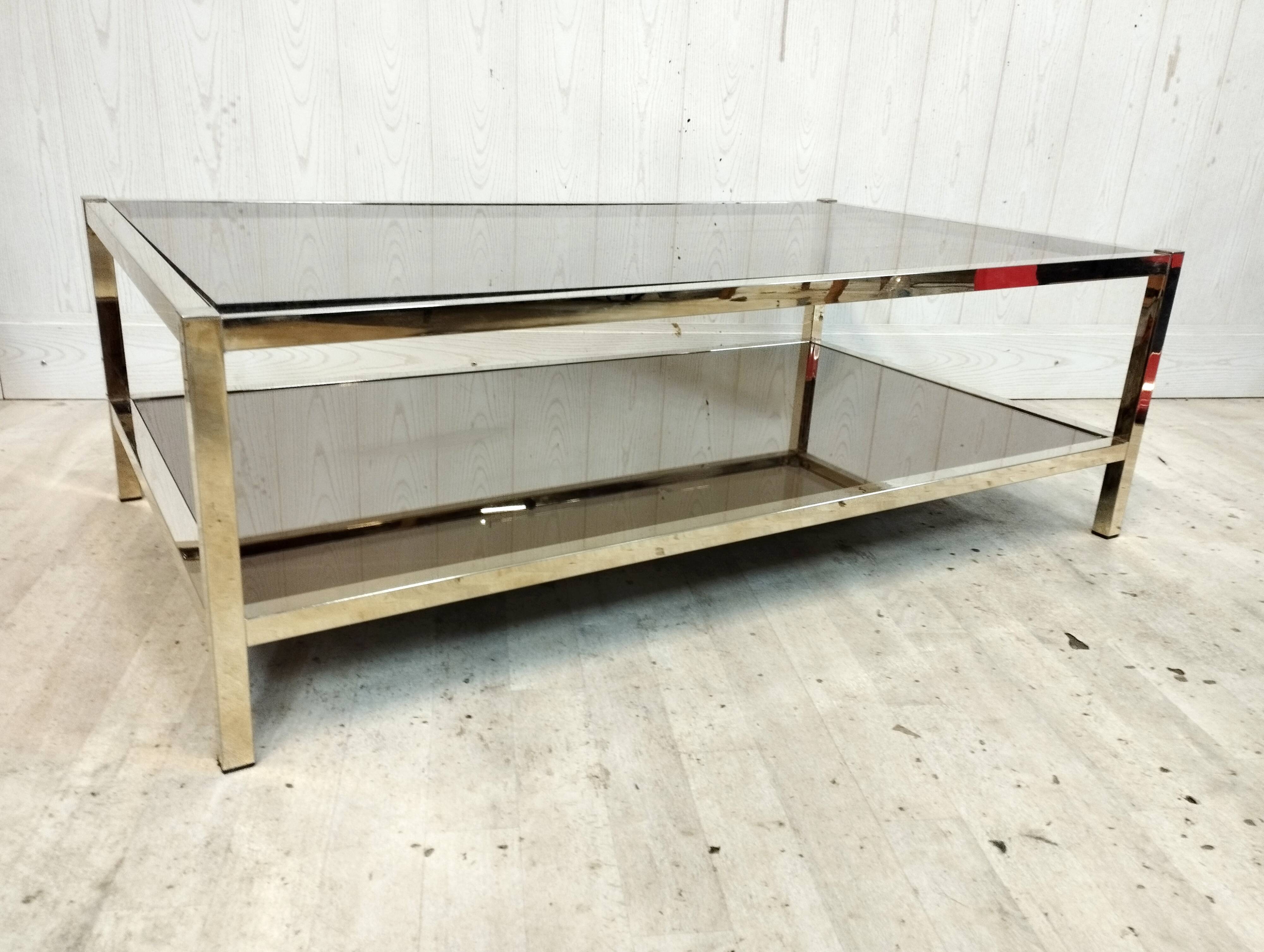 Vintage brass coffee table, mirror and smoked glass