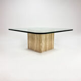 Table basse en verre faite à la main du milieu du siècle avec base en travertin, années 1960