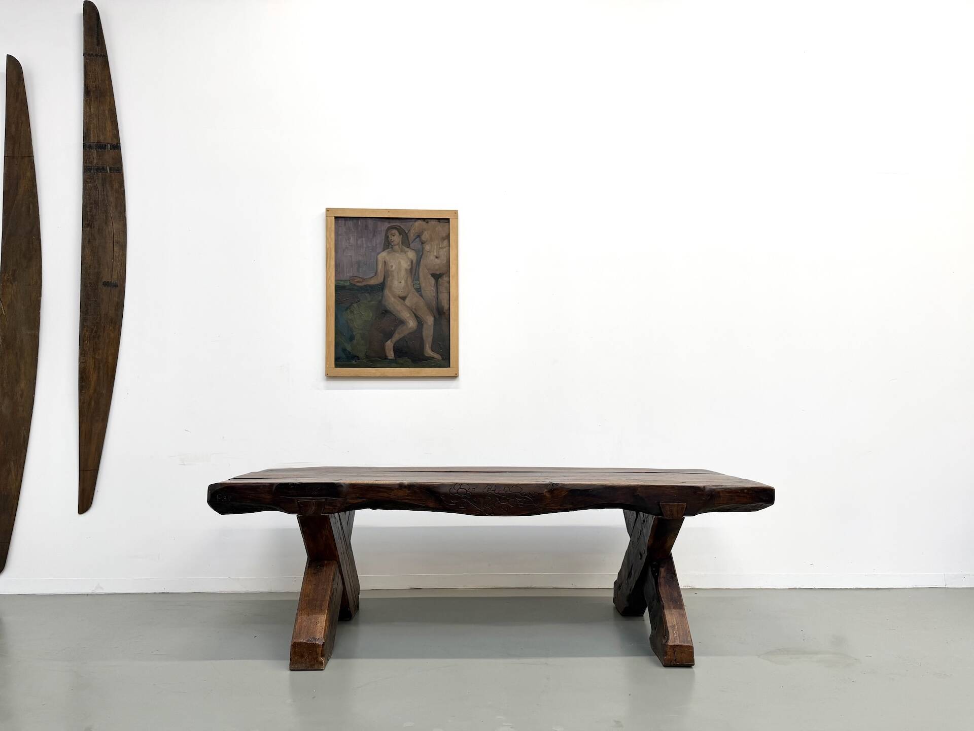 Table Brutaliste en Chêne Massif, Art Populaire (Vers 1900)