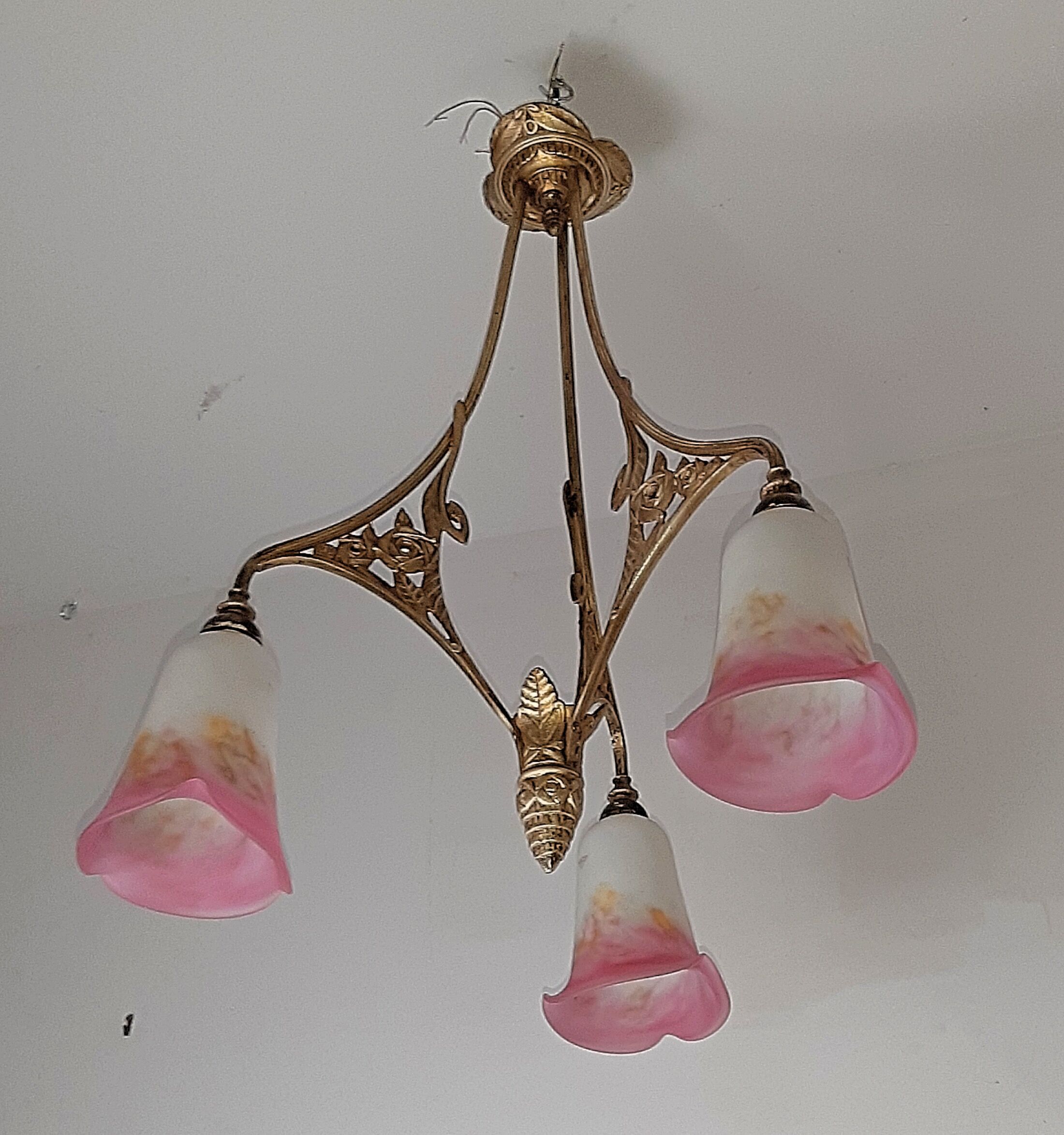 P. crespy art deco chandelier blend of bronze, pink, yellow