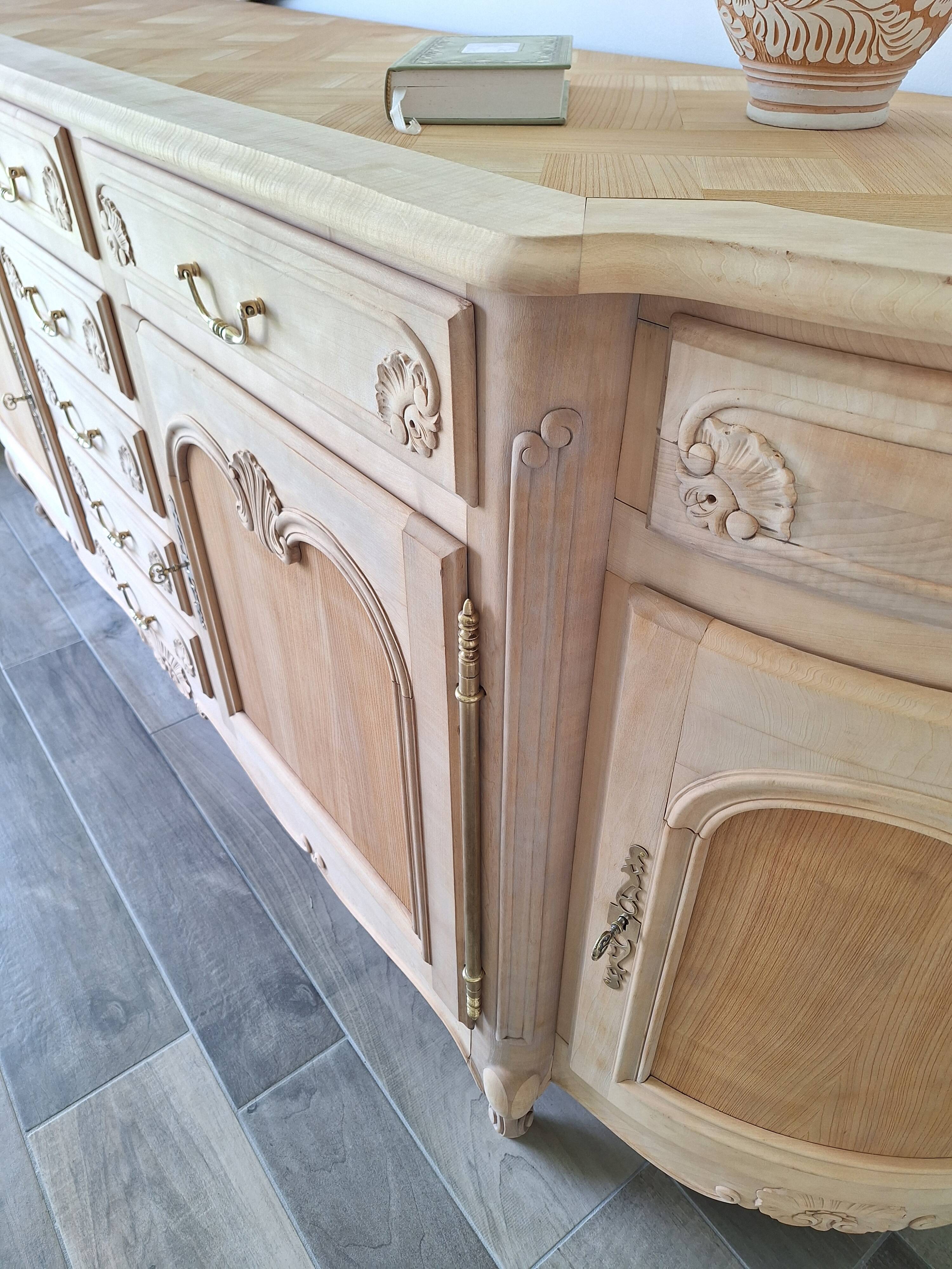 Low buffet in renovated solid cherry wood – Revisited Louis XV style – 250 cm