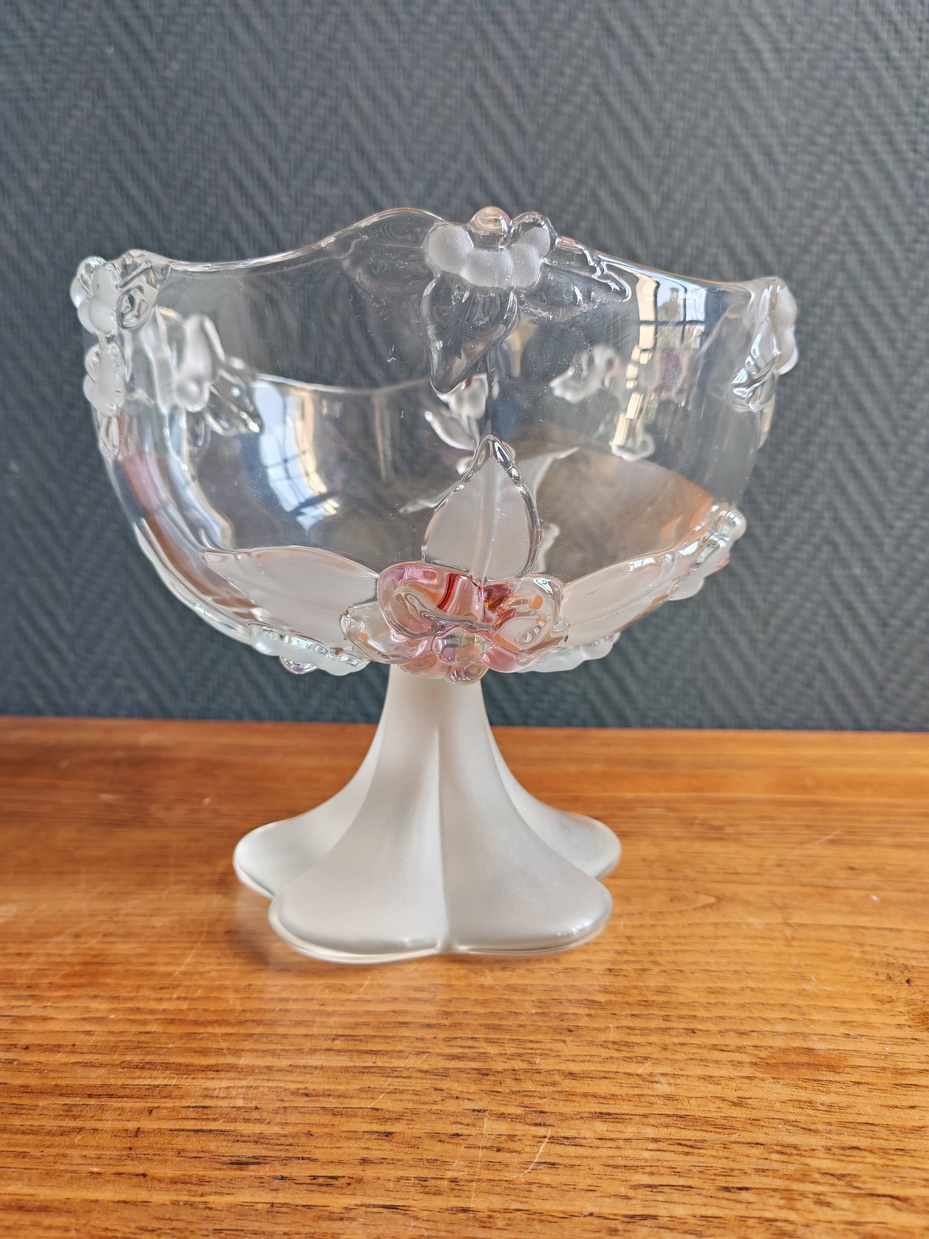 Vintage Frosted Glass Footed Bowl – Relief Decor of Pink Flowers