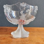 Vintage Frosted Glass Footed Bowl – Relief Decor of Pink Flowers