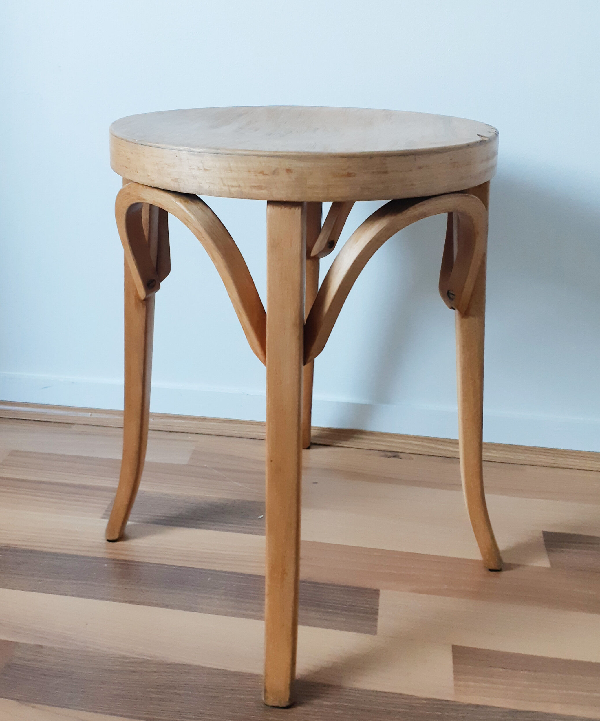 Vintage round kitchen stool, waxed bentwood, 50s, Baumann style