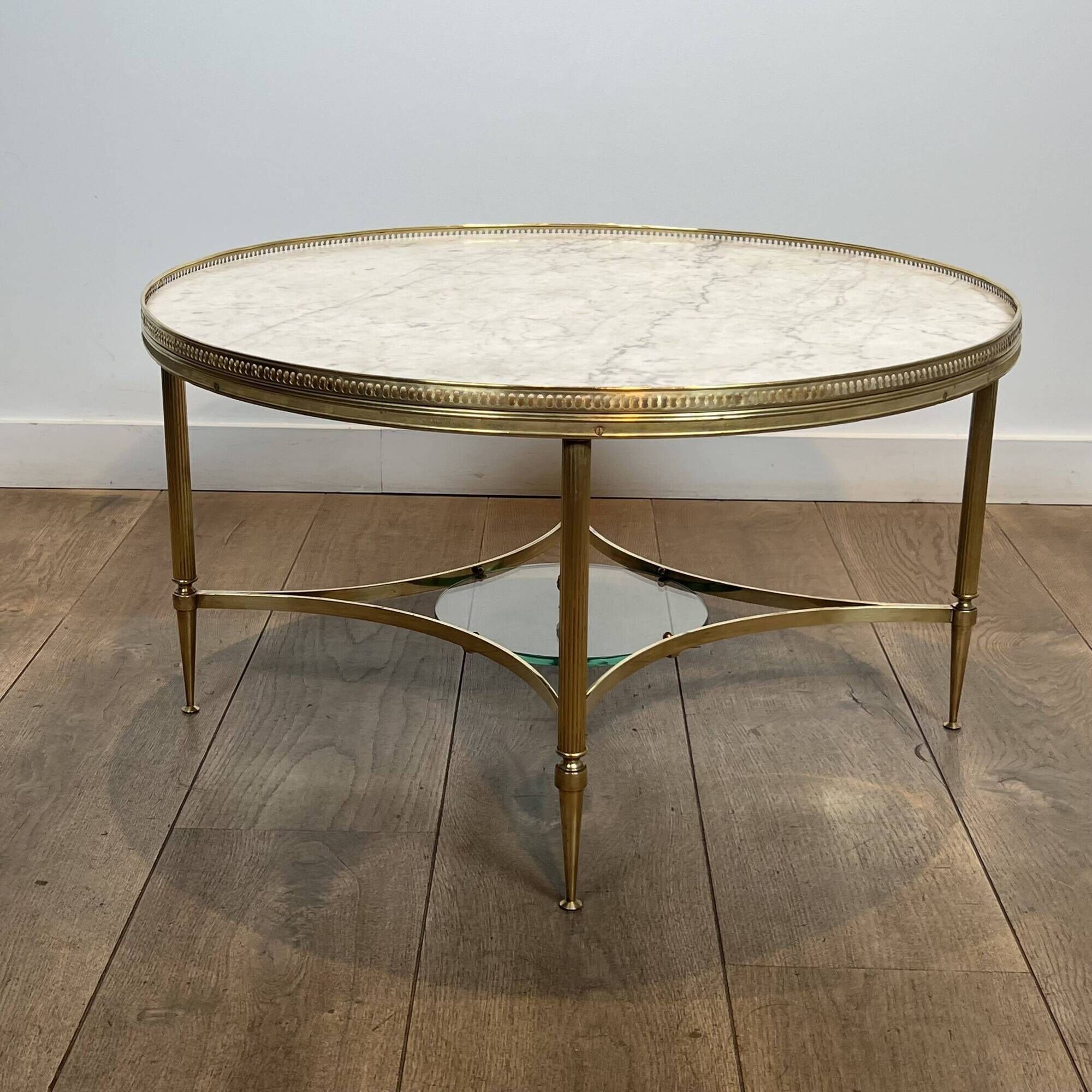 Neoclassical Round Coffee Table in Brass with Beaded Gallery. Marble Top