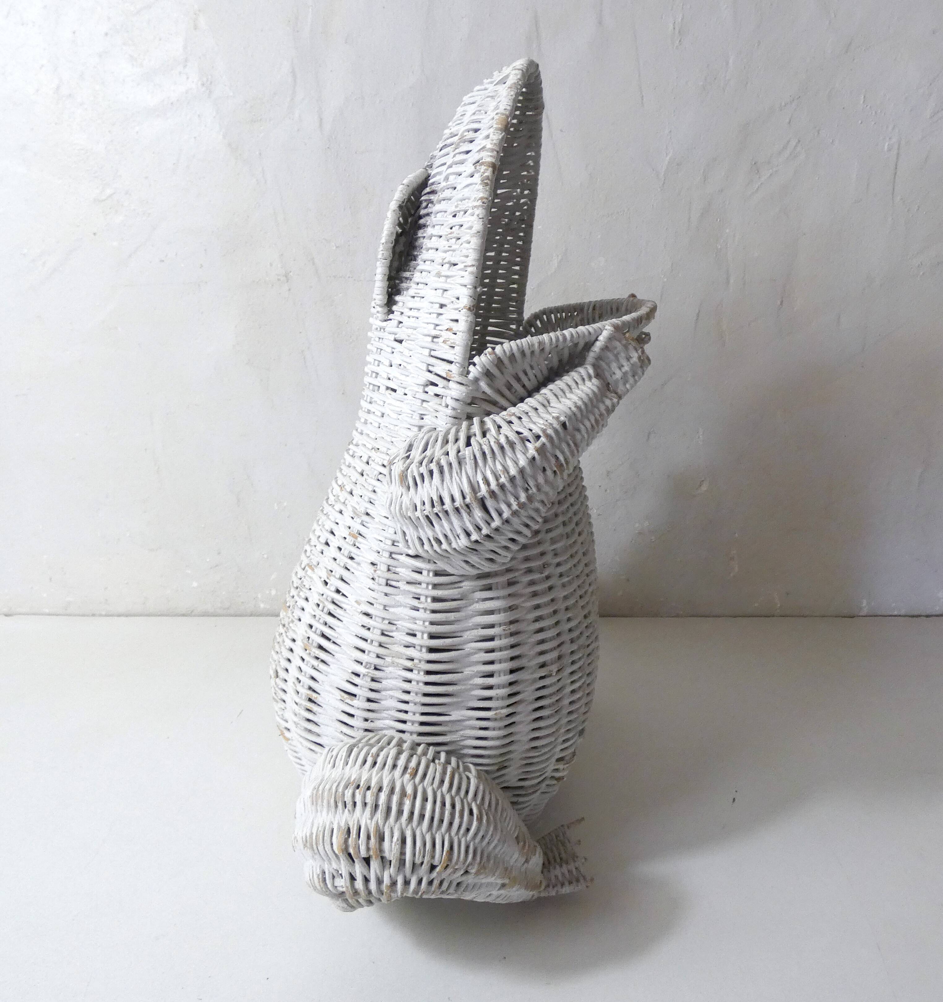 Corbeille à papier grenouille vintage en rotin blanc