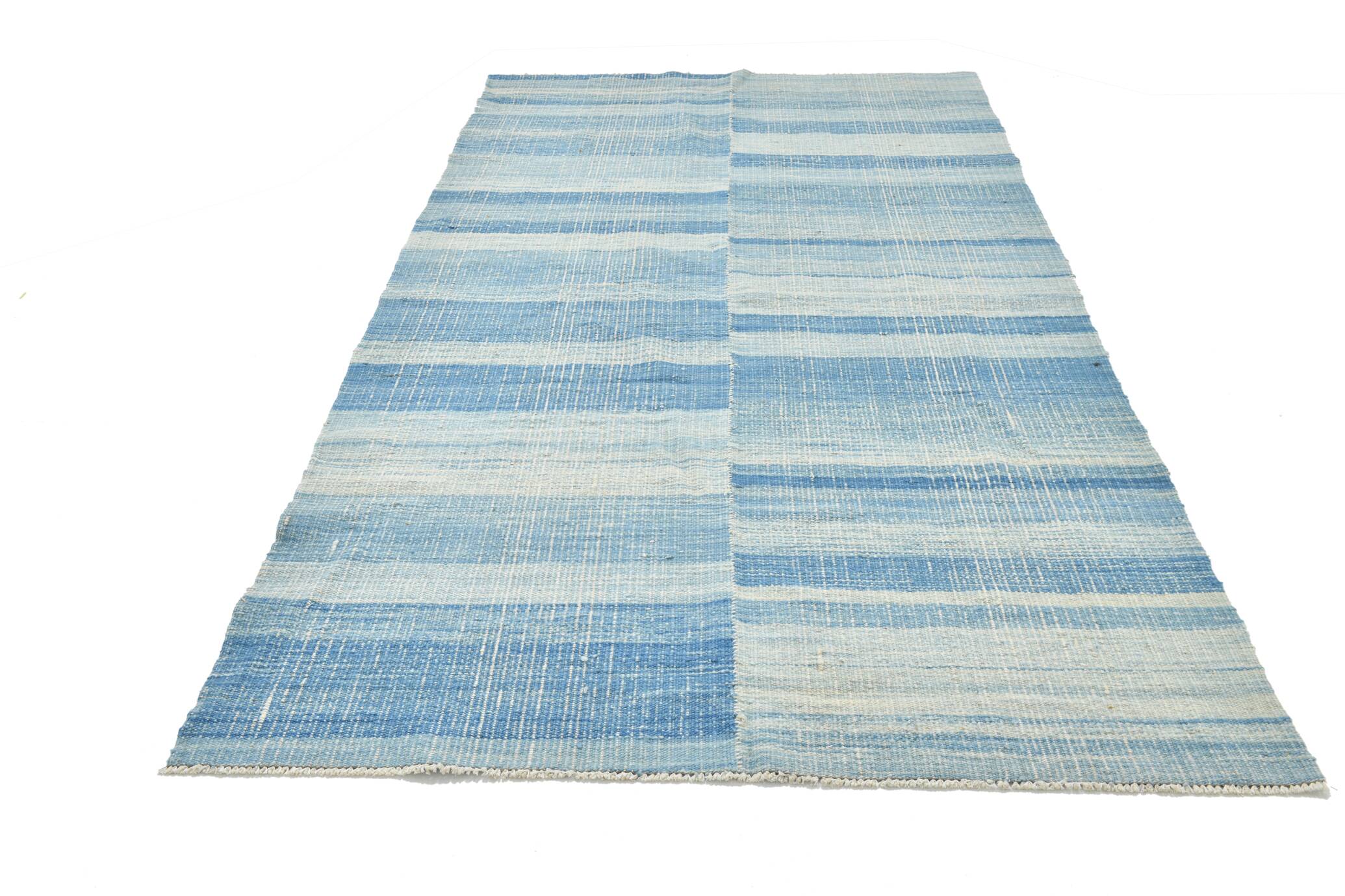5x9 Blue & Beige Modern Kilim Rug, 147x288Cm