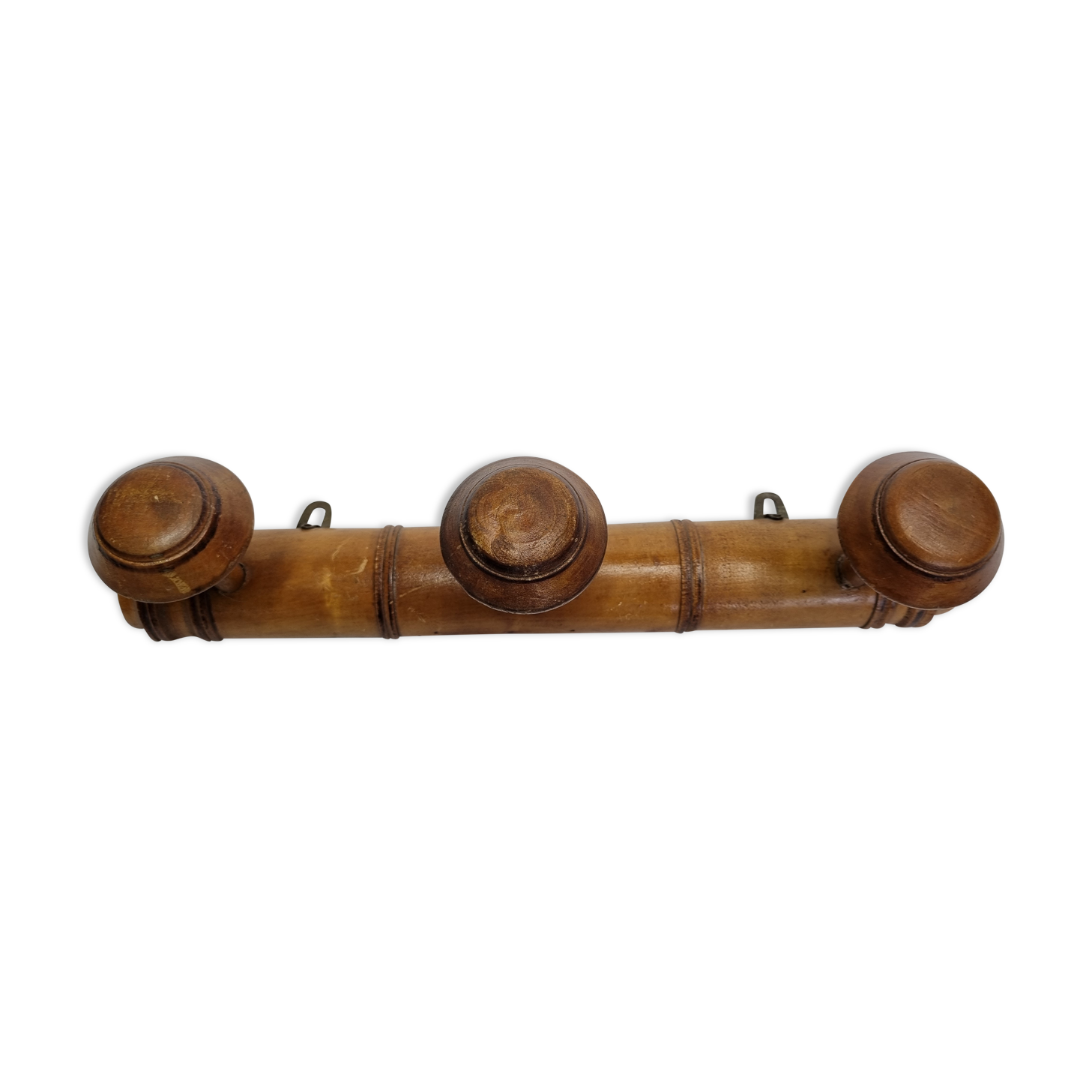 Ancien portemanteau rustique en bois tourné à l'imitation du bambou 1900, 3 patères