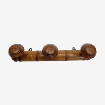 Old rustic wooden coat rack turned in imitation of bamboo 1900, 3 hooks