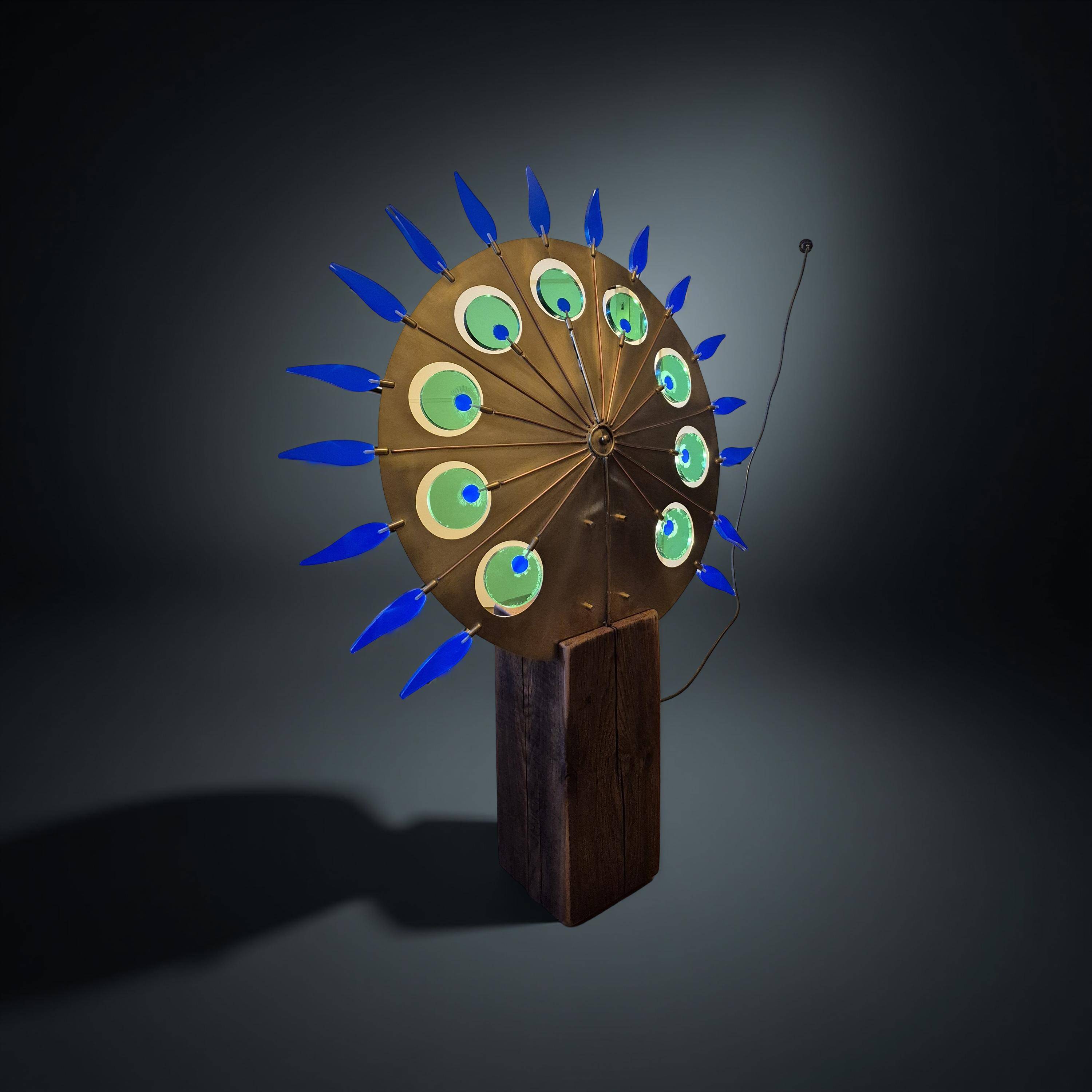 Lampadaire artisanal en laiton, chêne et plexiglas, Pays-Bas, années 1970