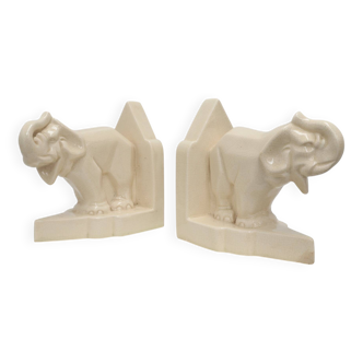 French Art Deco Ceramic Bookends in Elephant Motif, 1930s