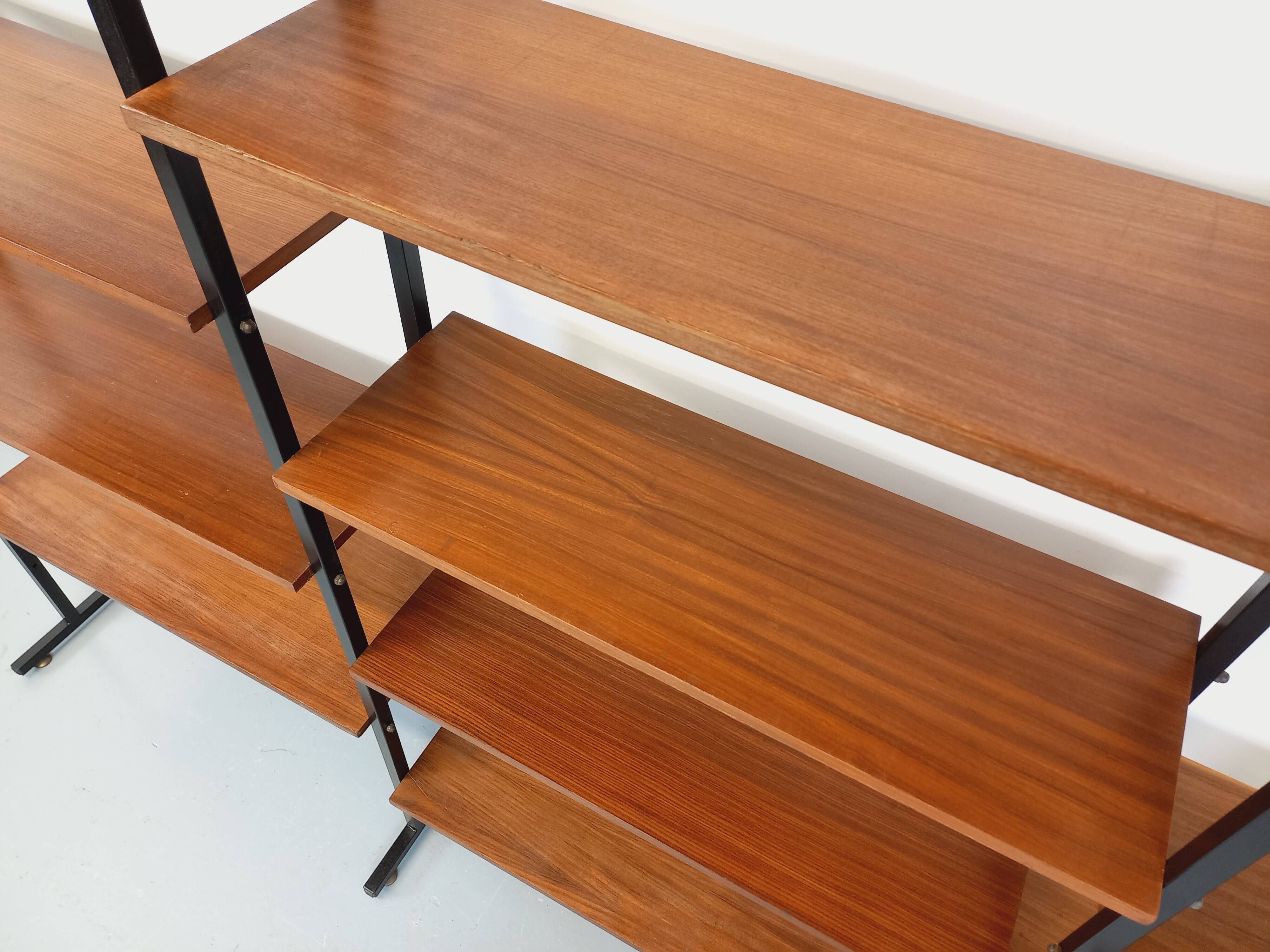 Vintage Italian triple modular bookshelf in teak and metal.