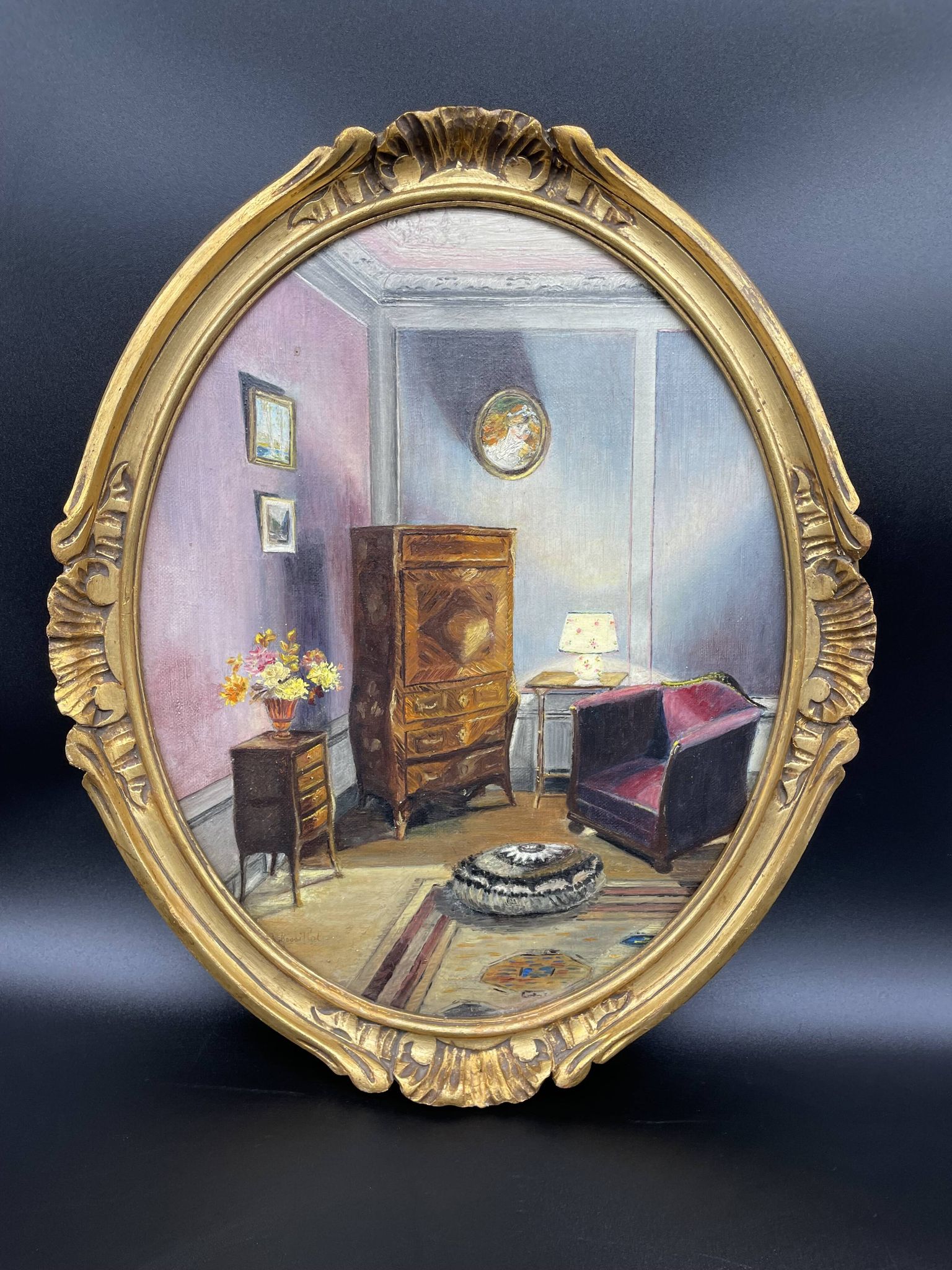 Ancient, Oil painting, interior scene, signed, wood frame, gilded, painting, French painter