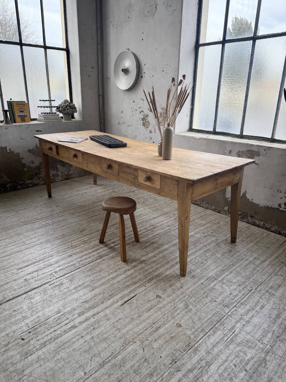 Pine and oak farmhouse table with multiple drawers, communal type, 240cm.