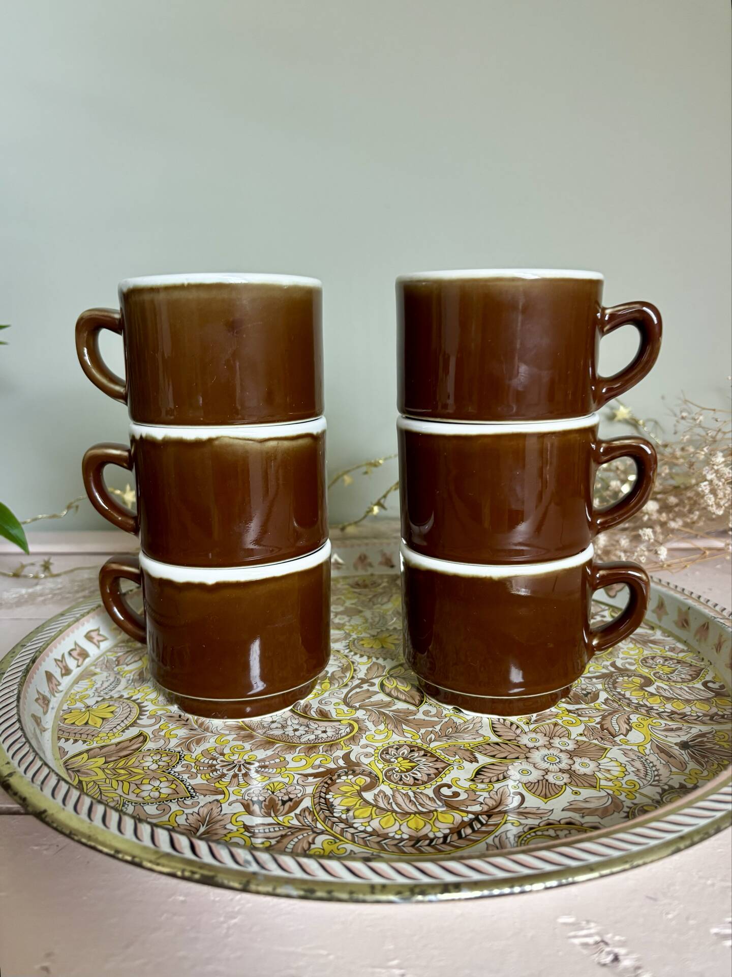 Set of 6 vintage brown glazed bistro coffee cups.