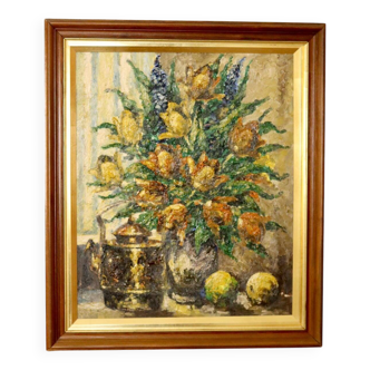 Peinture à l'huile sur toile suédoise du milieu du siècle "Nature morte florale" par Lars DraabyeK --Vintage et encadrée