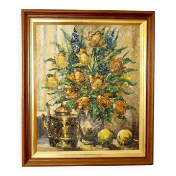 Peinture à l'huile sur toile suédoise du milieu du siècle "Nature morte florale" par Lars DraabyeK --Vintage et encadrée