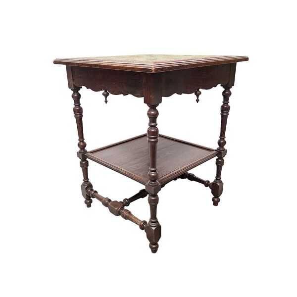 Table d'appoint ancienne en chêne français avec plateau brodé, fin des années 1800