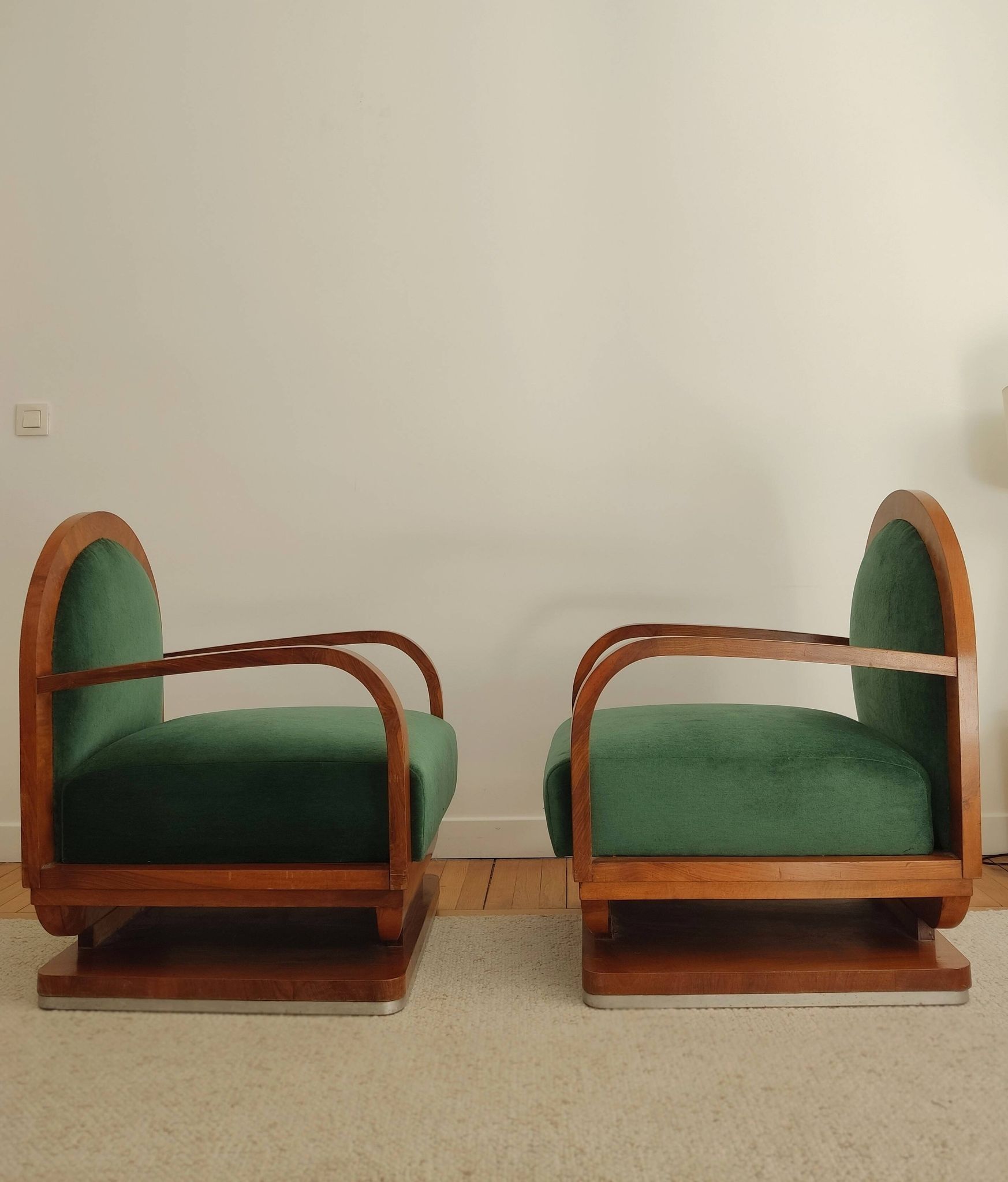 Pair of art deco armchairs - green mohair velvet