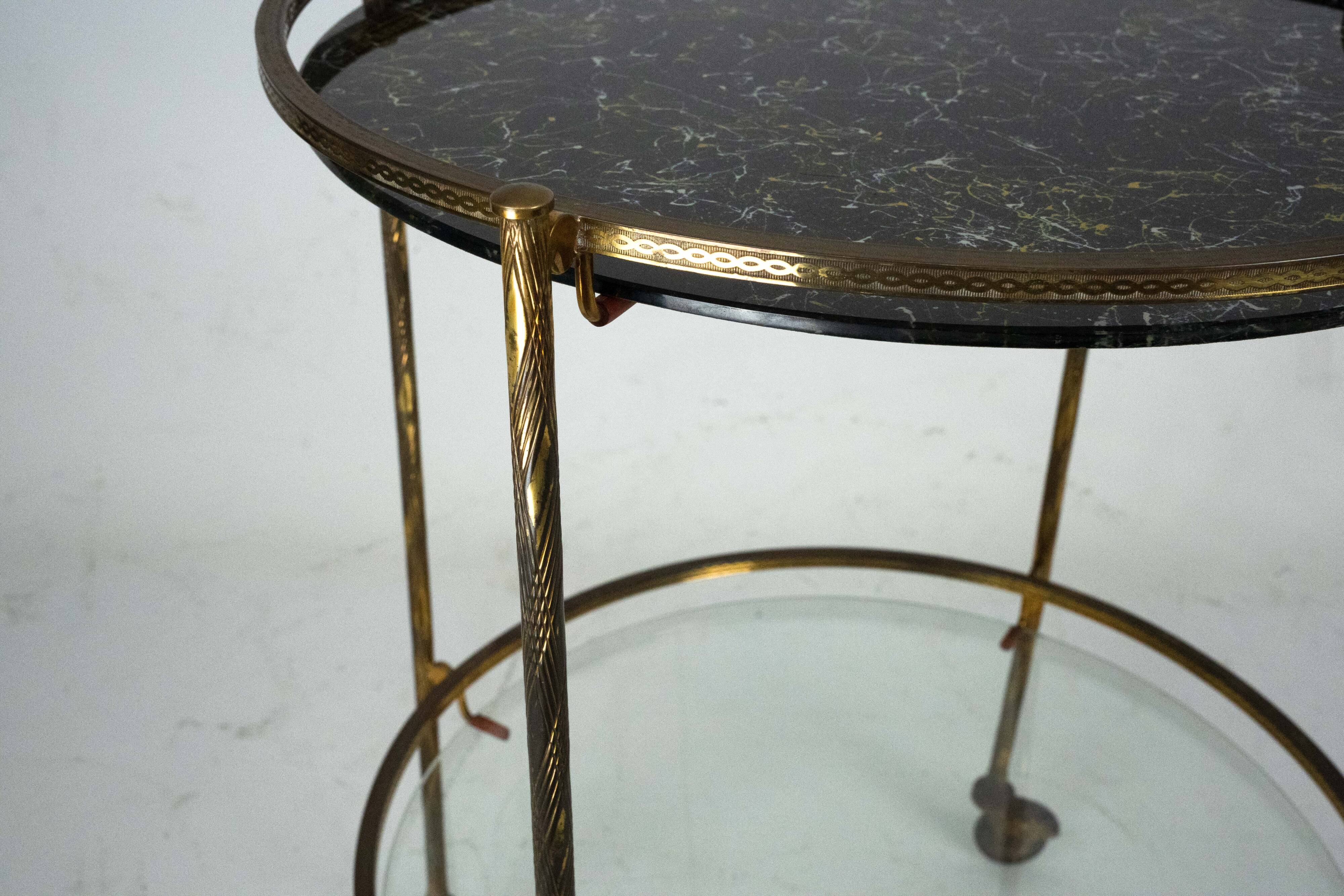 Round Mid-Century Brass and Marble-Effect Glass Bar Cart. Italy 1950s