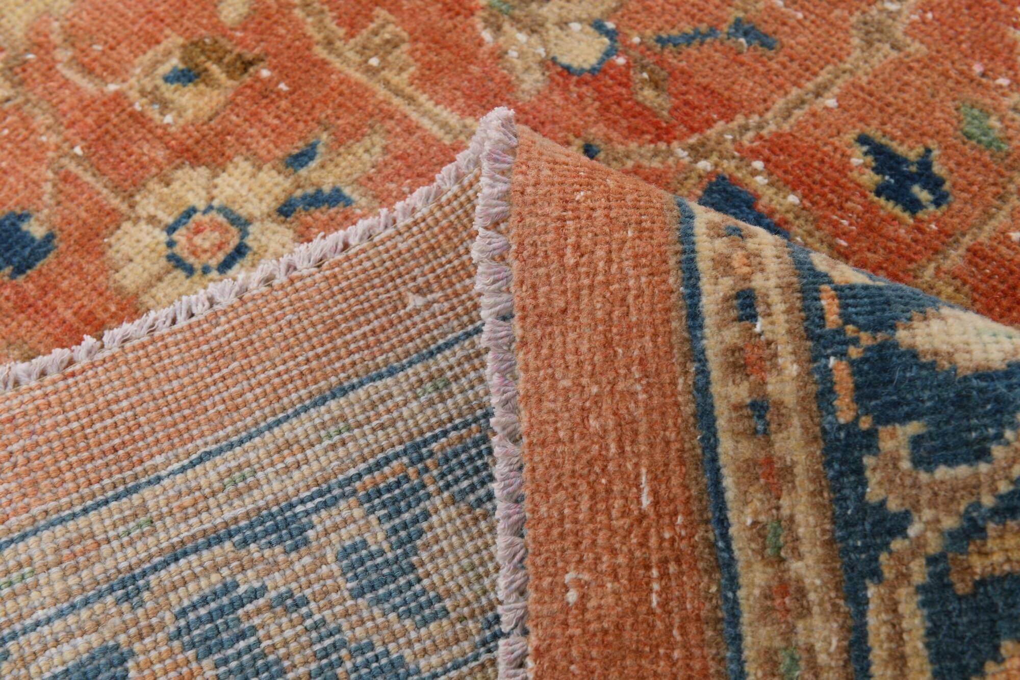 Vintage Turkish wool rug in terracotta beige with flowers, 10 × 13 feet.