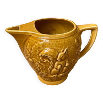 Old barbotine pitcher sarreguemines yellow ceramic squirrel decor