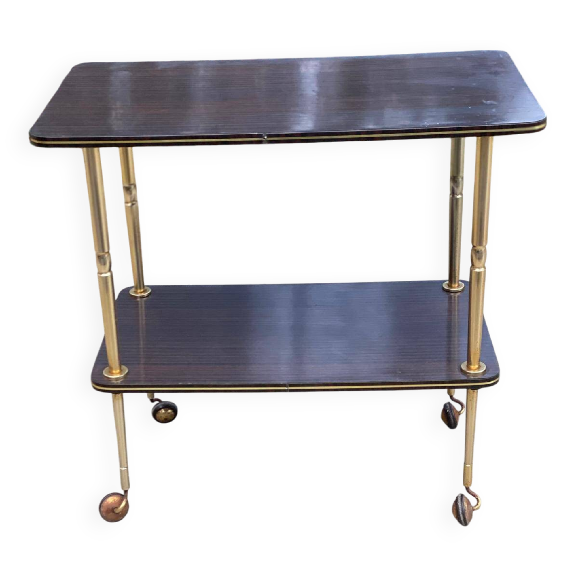 Brown rosewood rolling table with gold legs