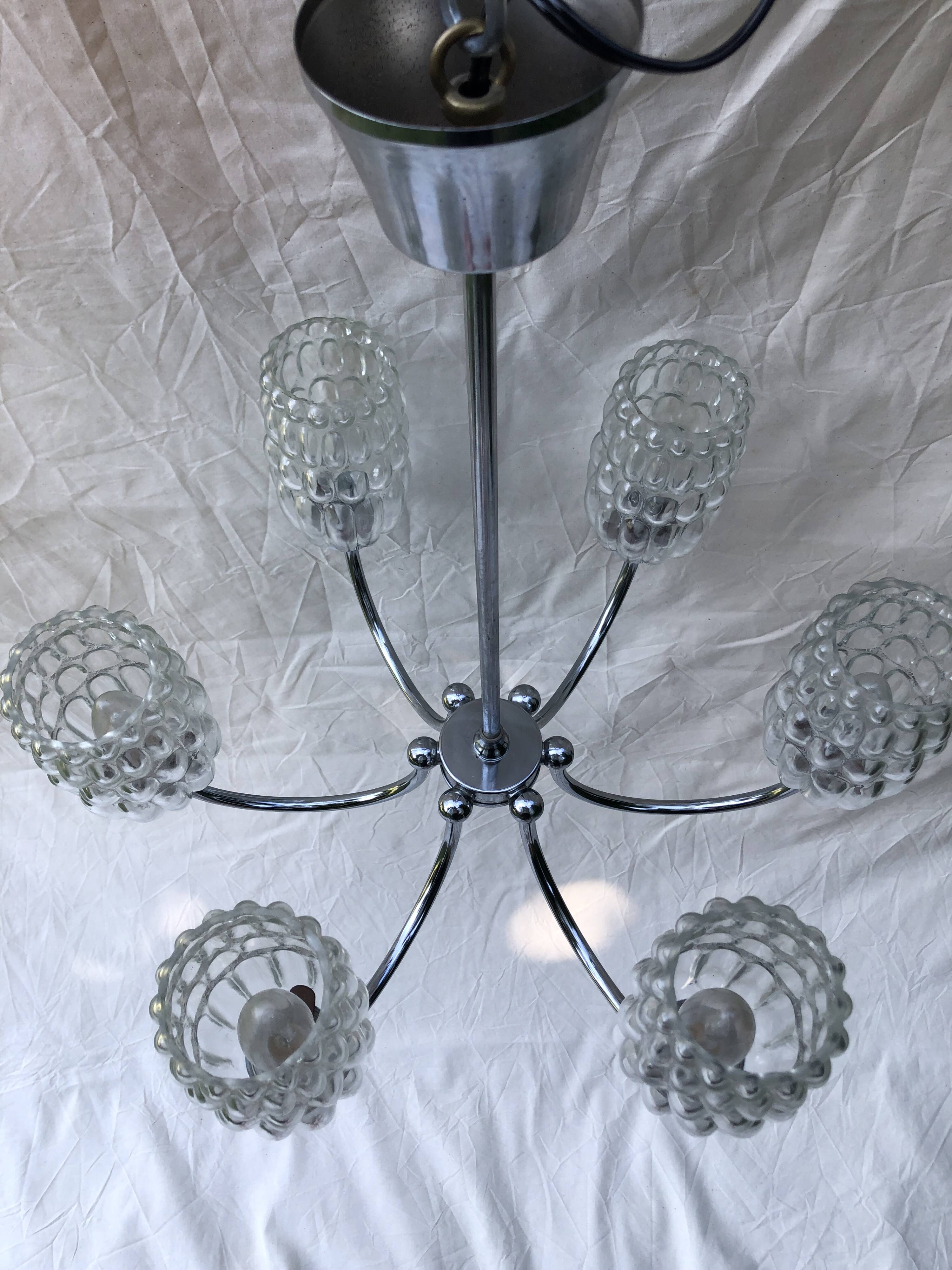 6-branched chrome chandelier & glass lampshades