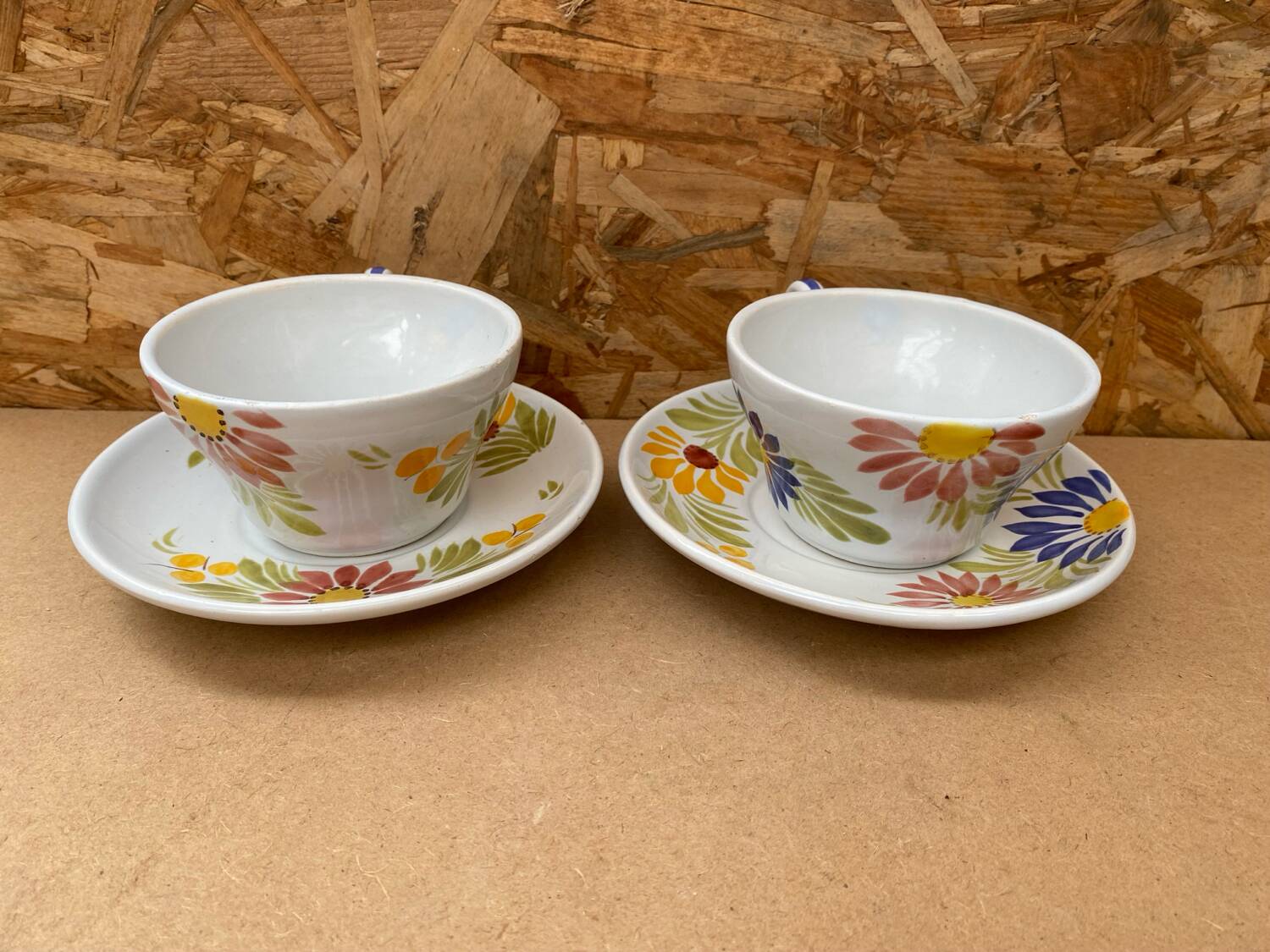 Pair of antique quimper hb ceramic cups vintage flower decor #b284