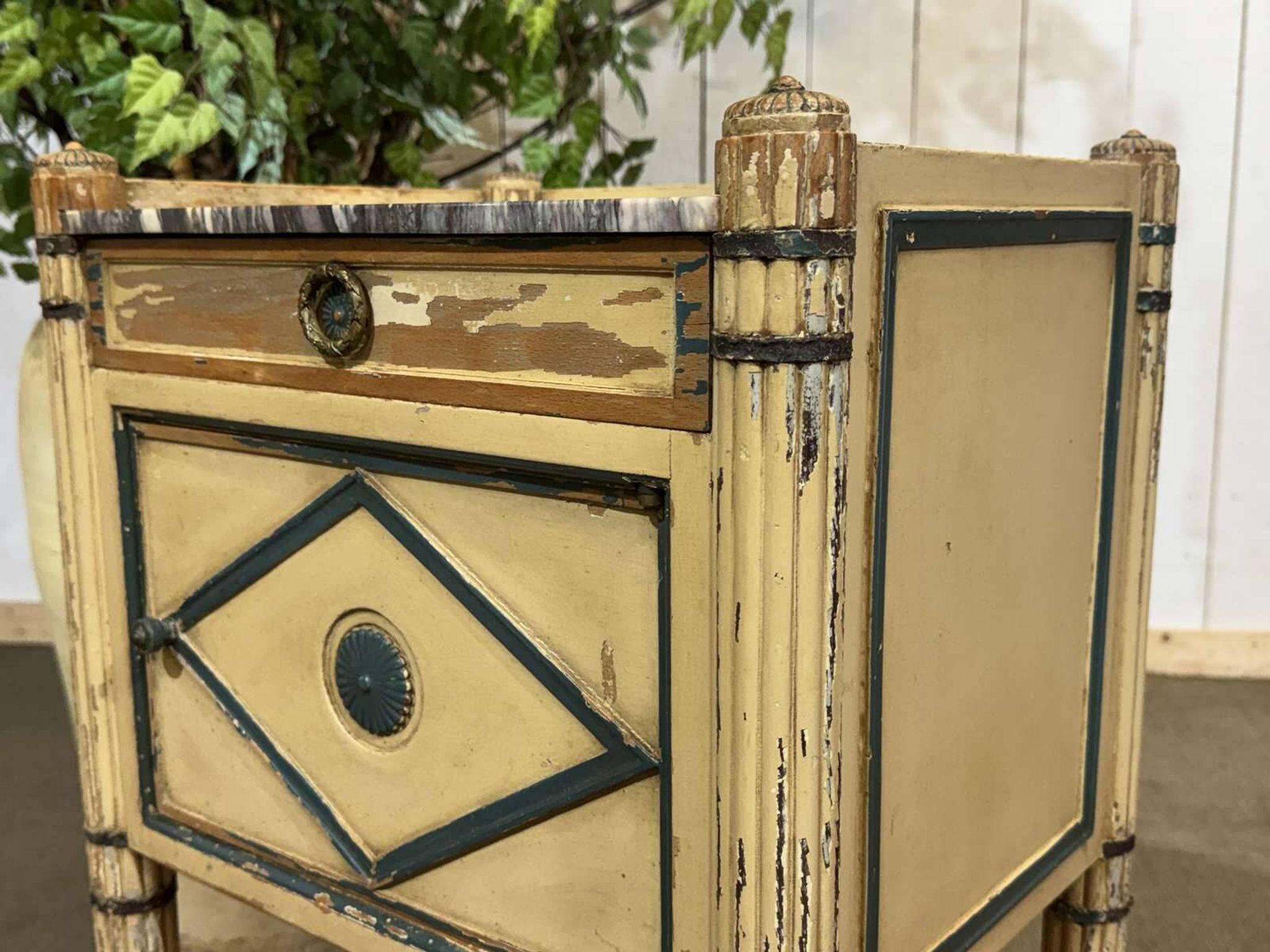 Beech bedside table painted with a marble top in Louis XVI style from the late 19th century.