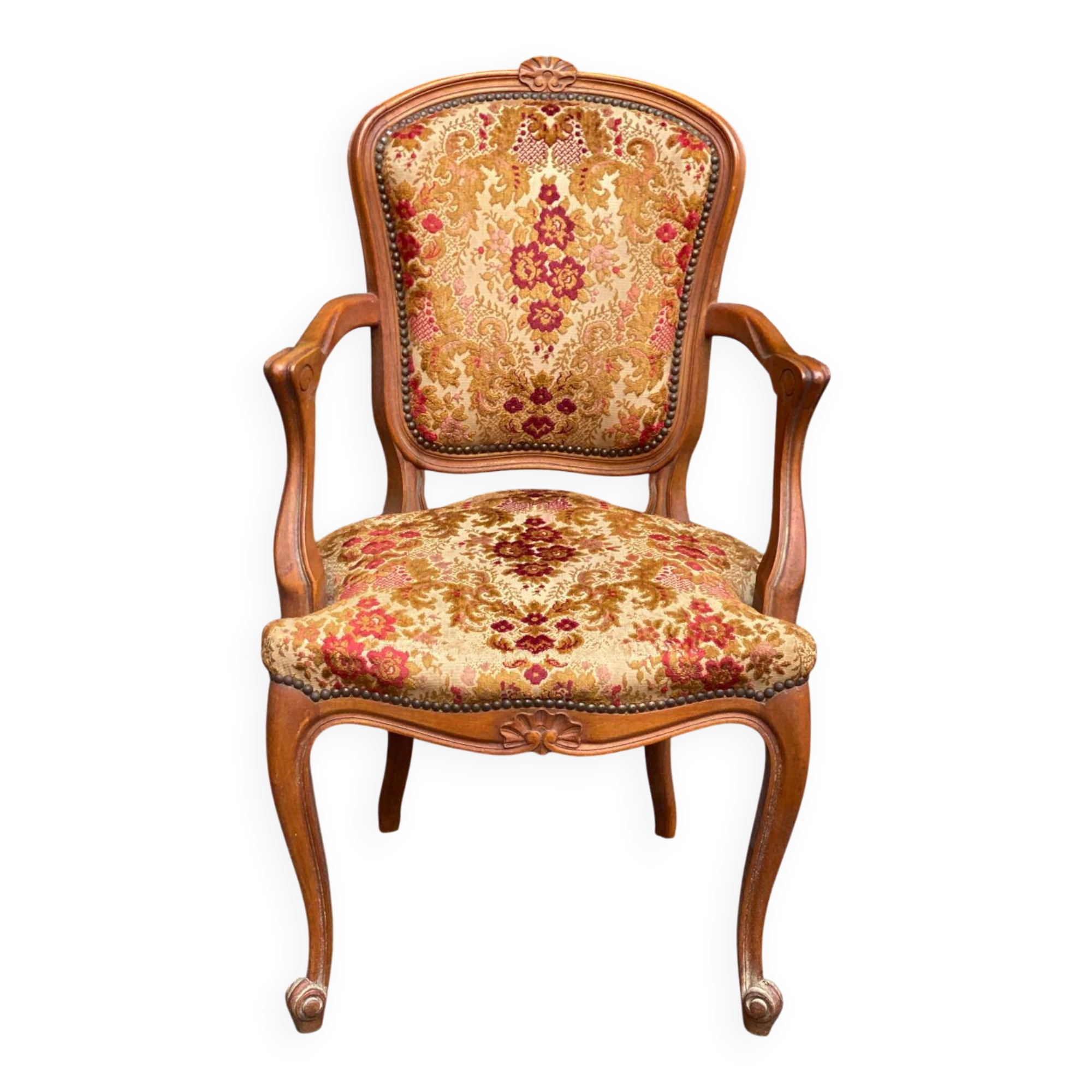 Louis XV armchair in carved solid wood and red and yellow fabric