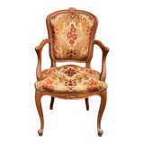 Louis XV armchair in carved solid wood and red and yellow fabric
