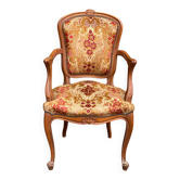 Fauteuil Louis XV bois massif sculpté et tissu rouge jaune