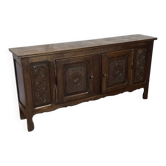 Enfilade basse vintage en chêne massif sculpté, style basque
