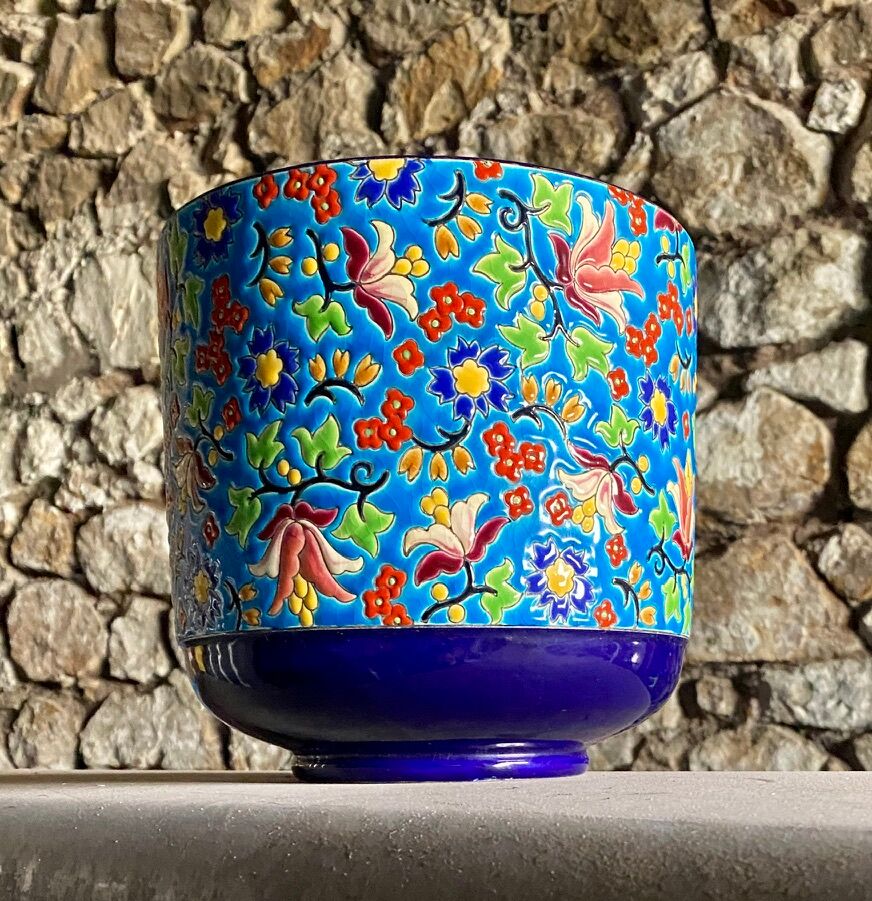 Pot cover decoration polychrome enamels, longwy