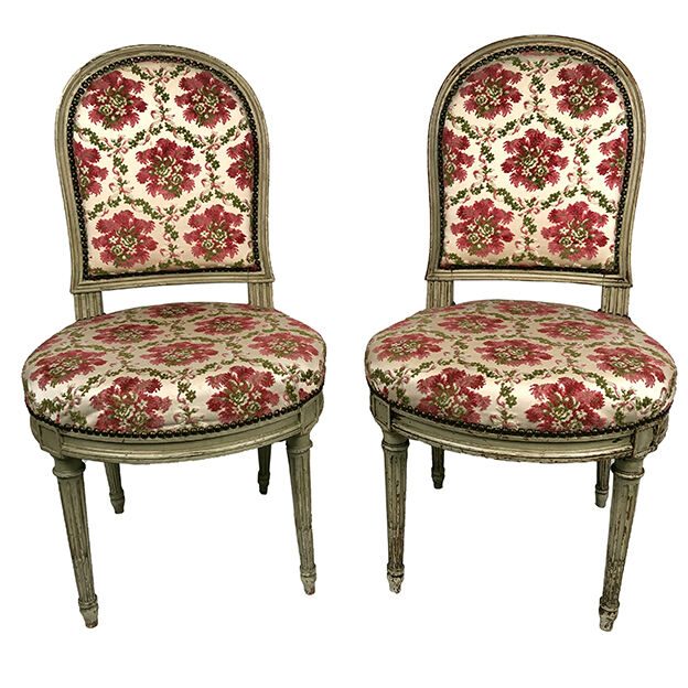 Pair of Louis XVI style chairs, molded beech, gray lacquered. Nineteenth