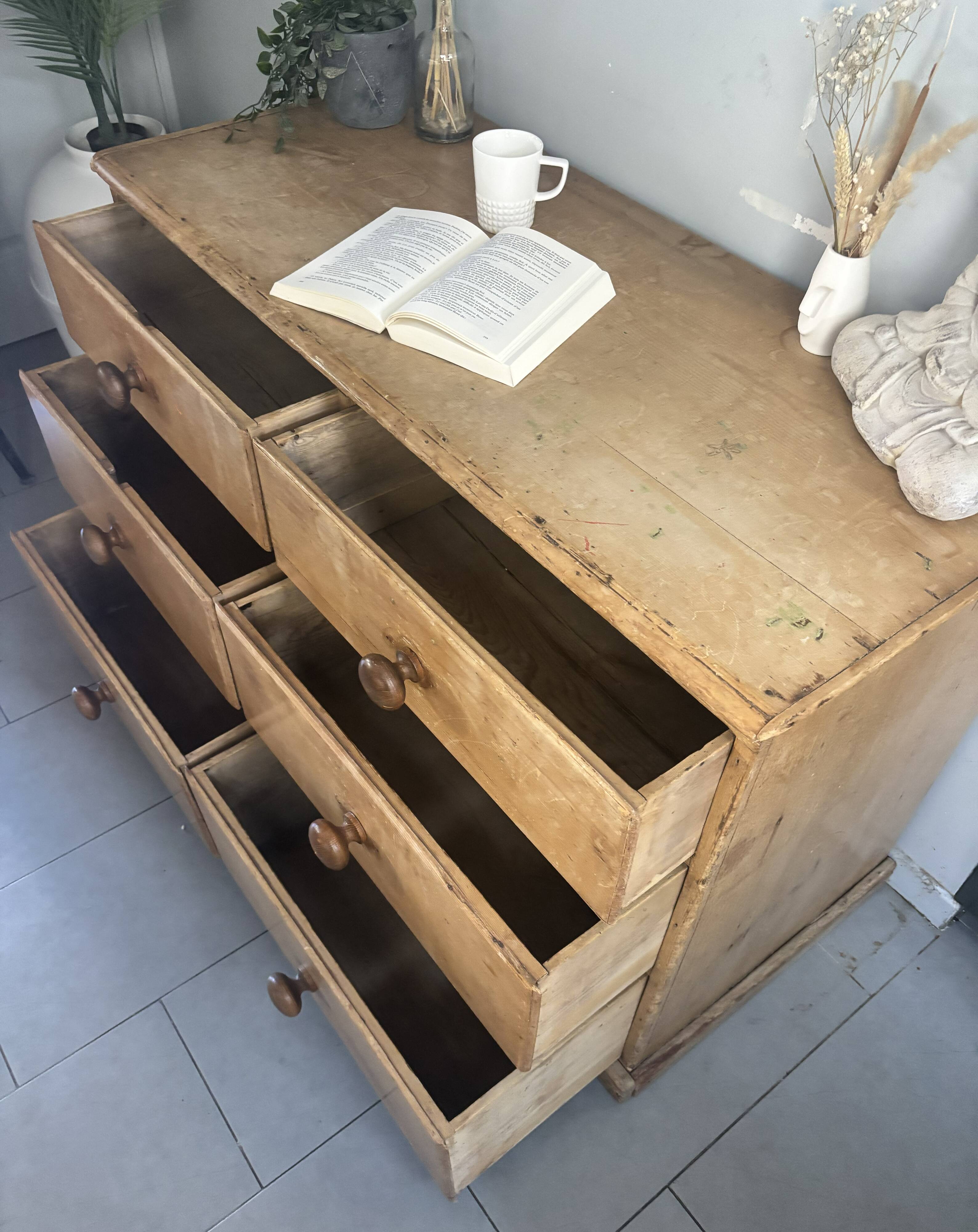 Vintage solid pine English trade counter furniture