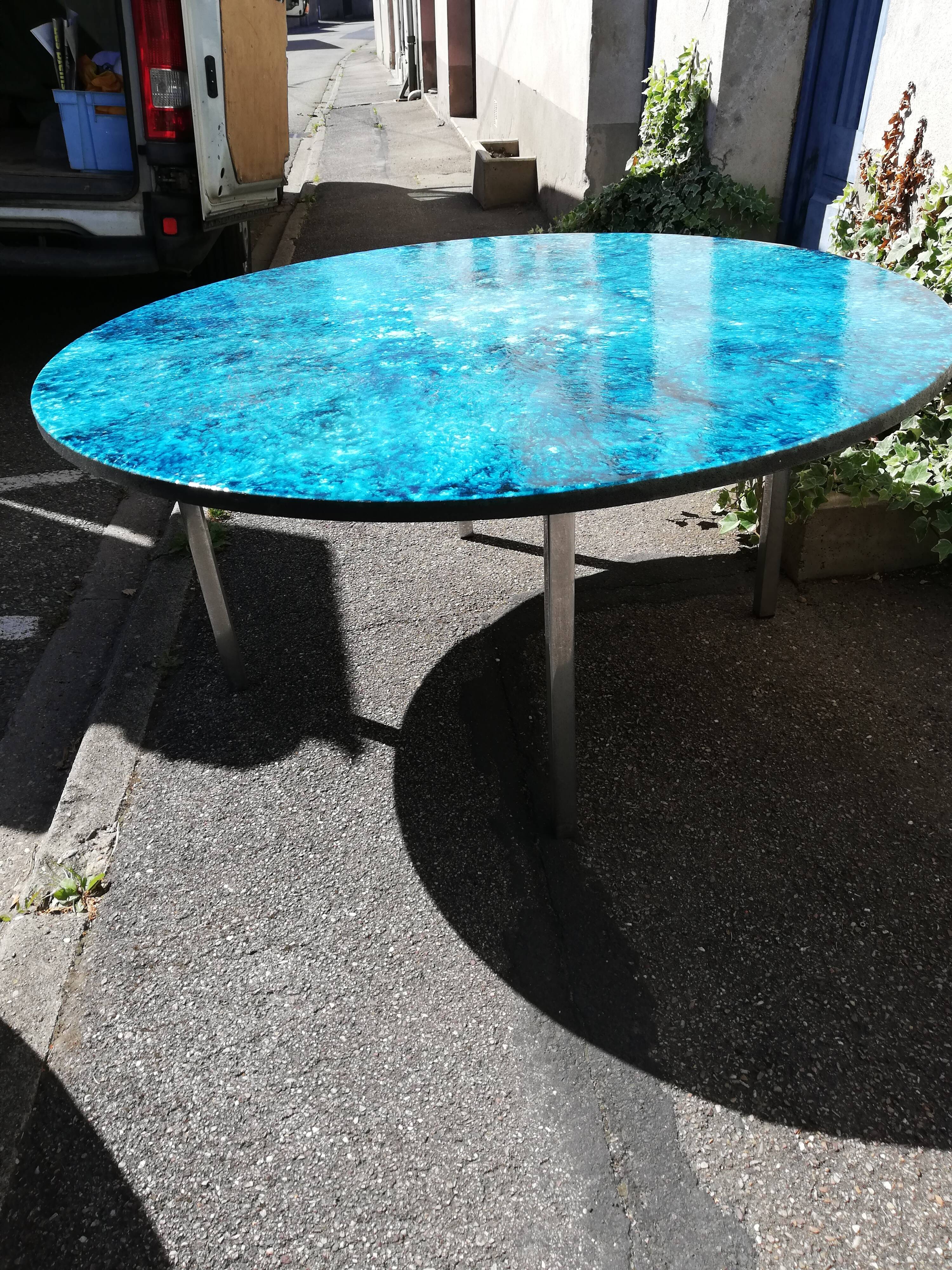 Blue enamelled lava stone coffee table