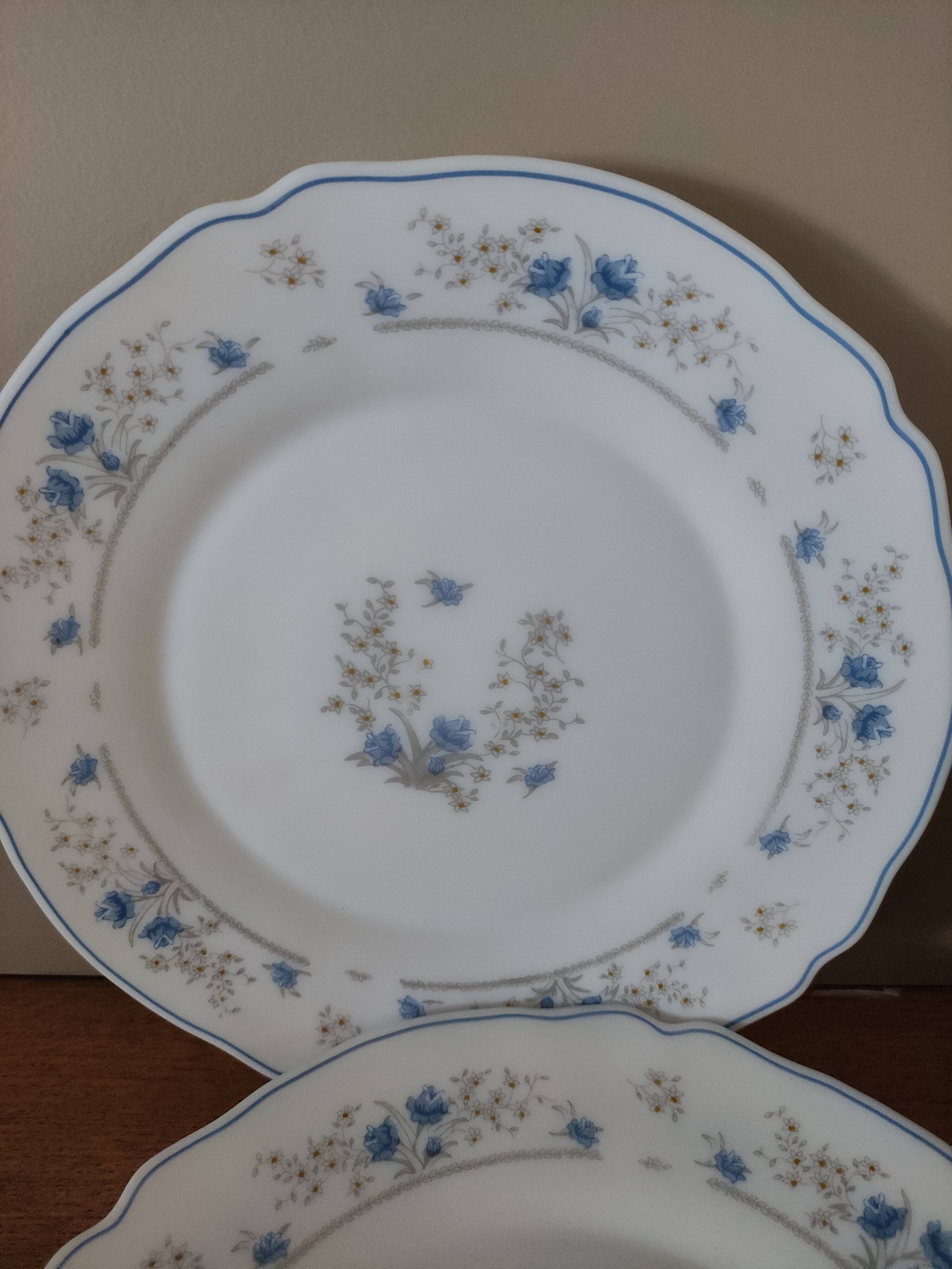 Series 10 flat plates Arcopal, white opaline with blue flowers