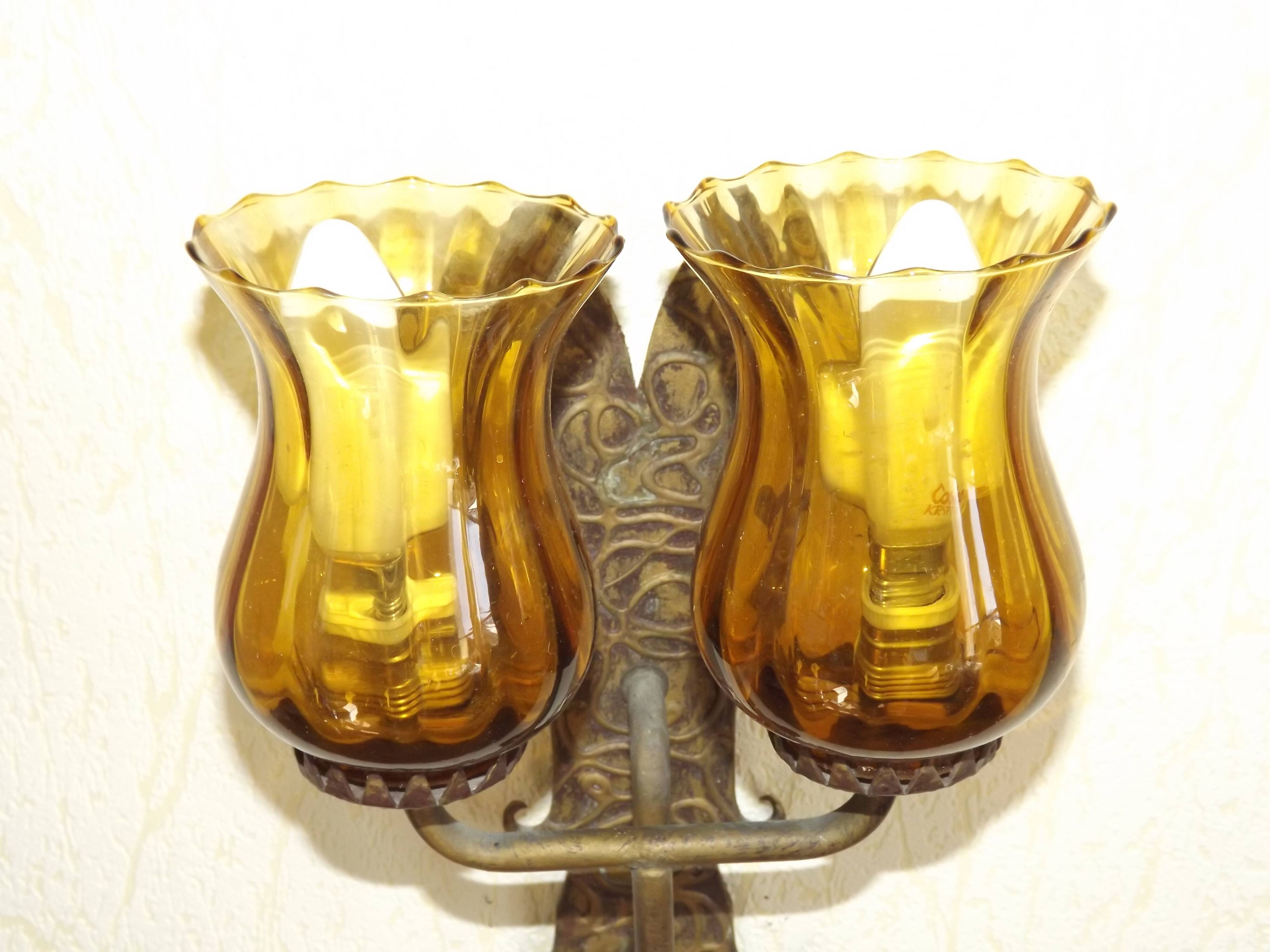 Double Hand Forged Wrought Iron Medieval Style Wall Light with Amber Glass Shade