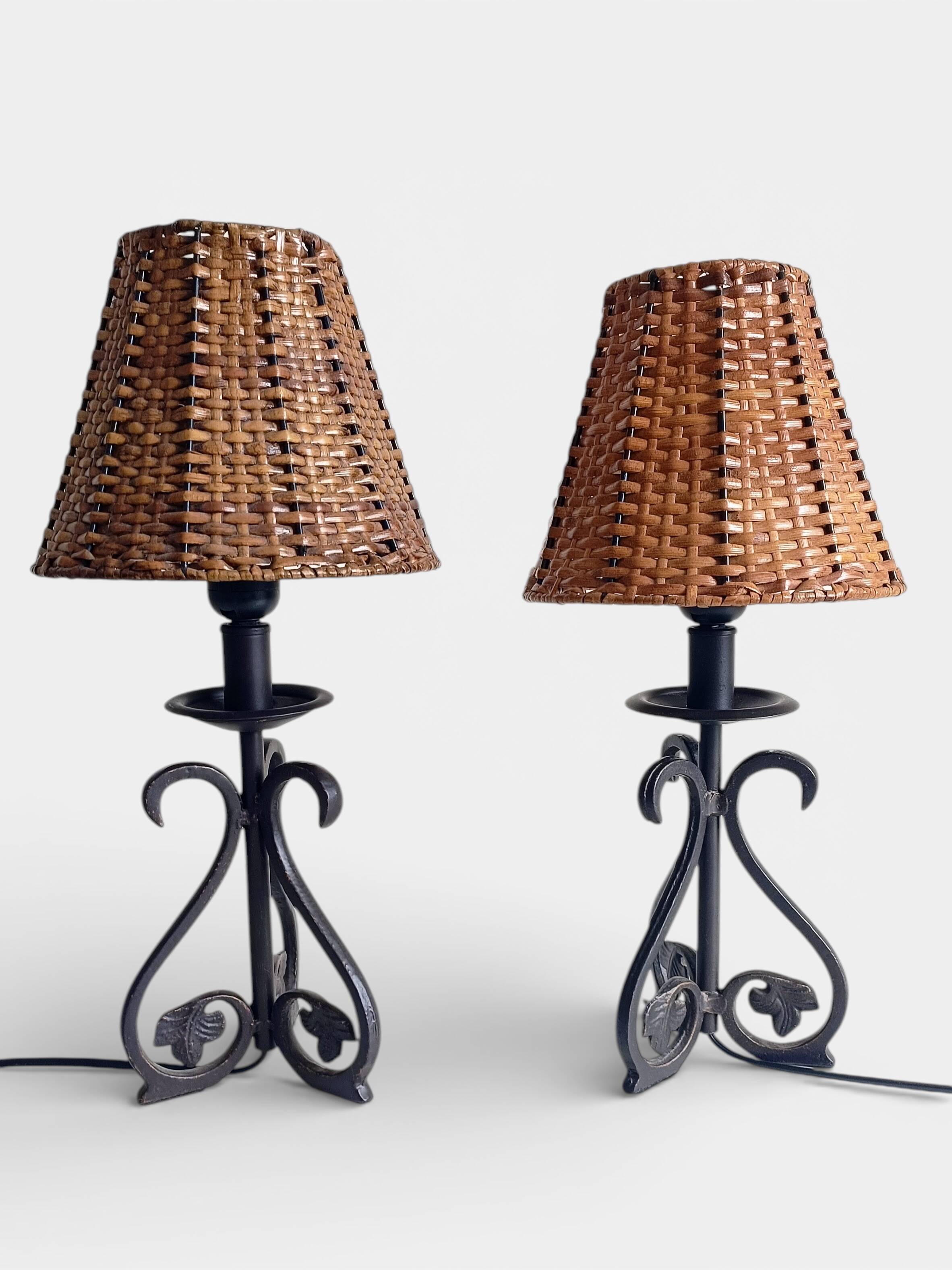 Spanish Hand Forged Wrought Iron Table Lamps with Hand Woven Wicker Shades