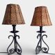 Spanish Hand Forged Wrought Iron Table Lamps with Hand Woven Wicker Shades