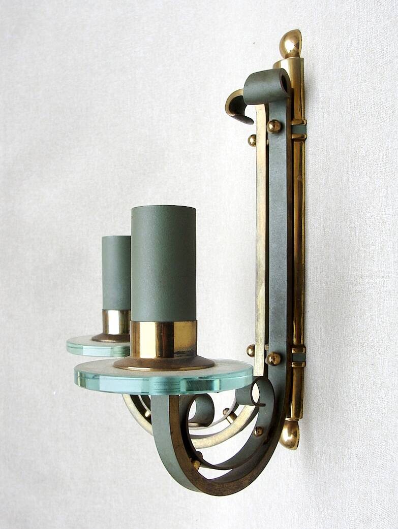 Pair of art deco lacquered metal, brass and glass wall lights
