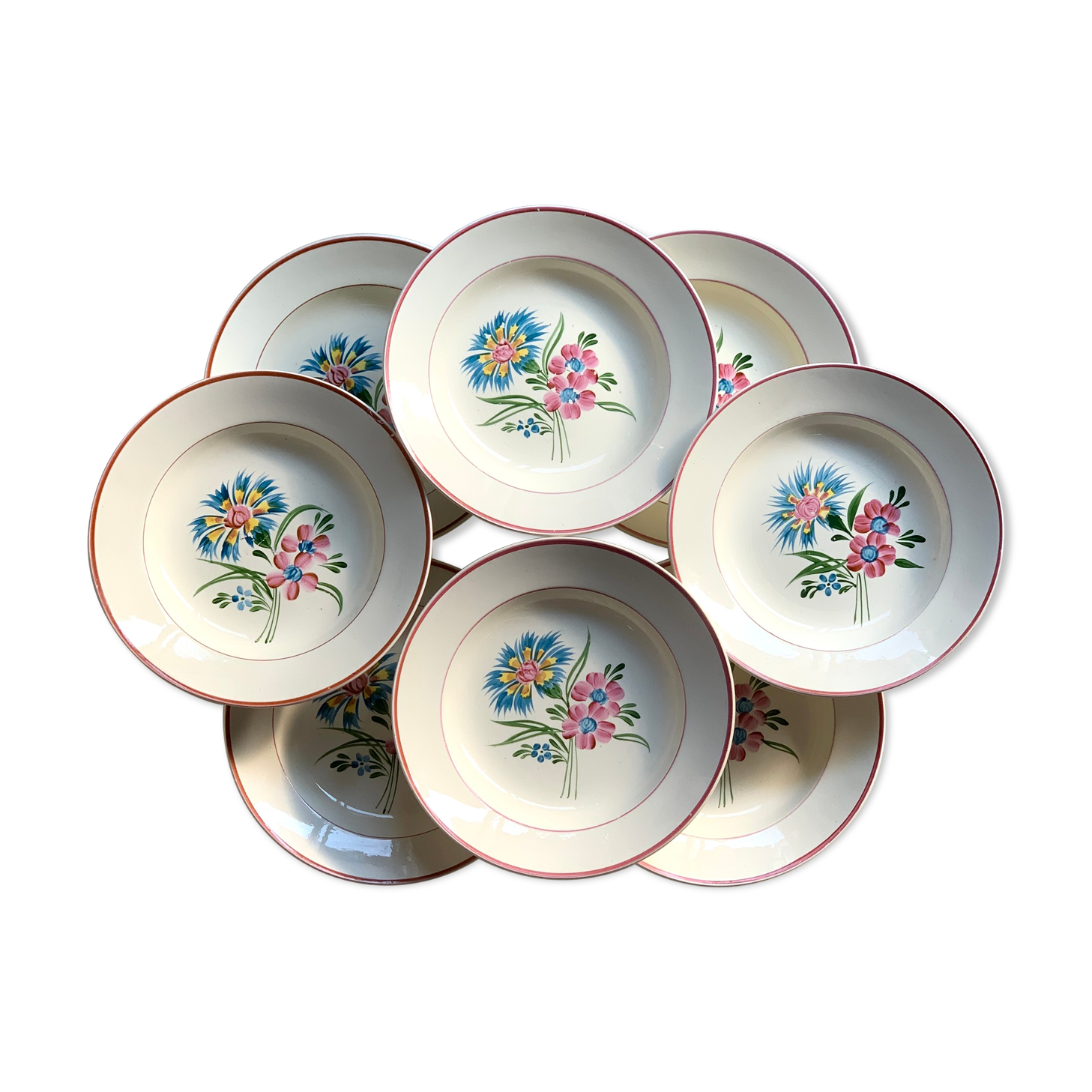 8 Old hollow earthenware plates, Manufacture d'Onnaing