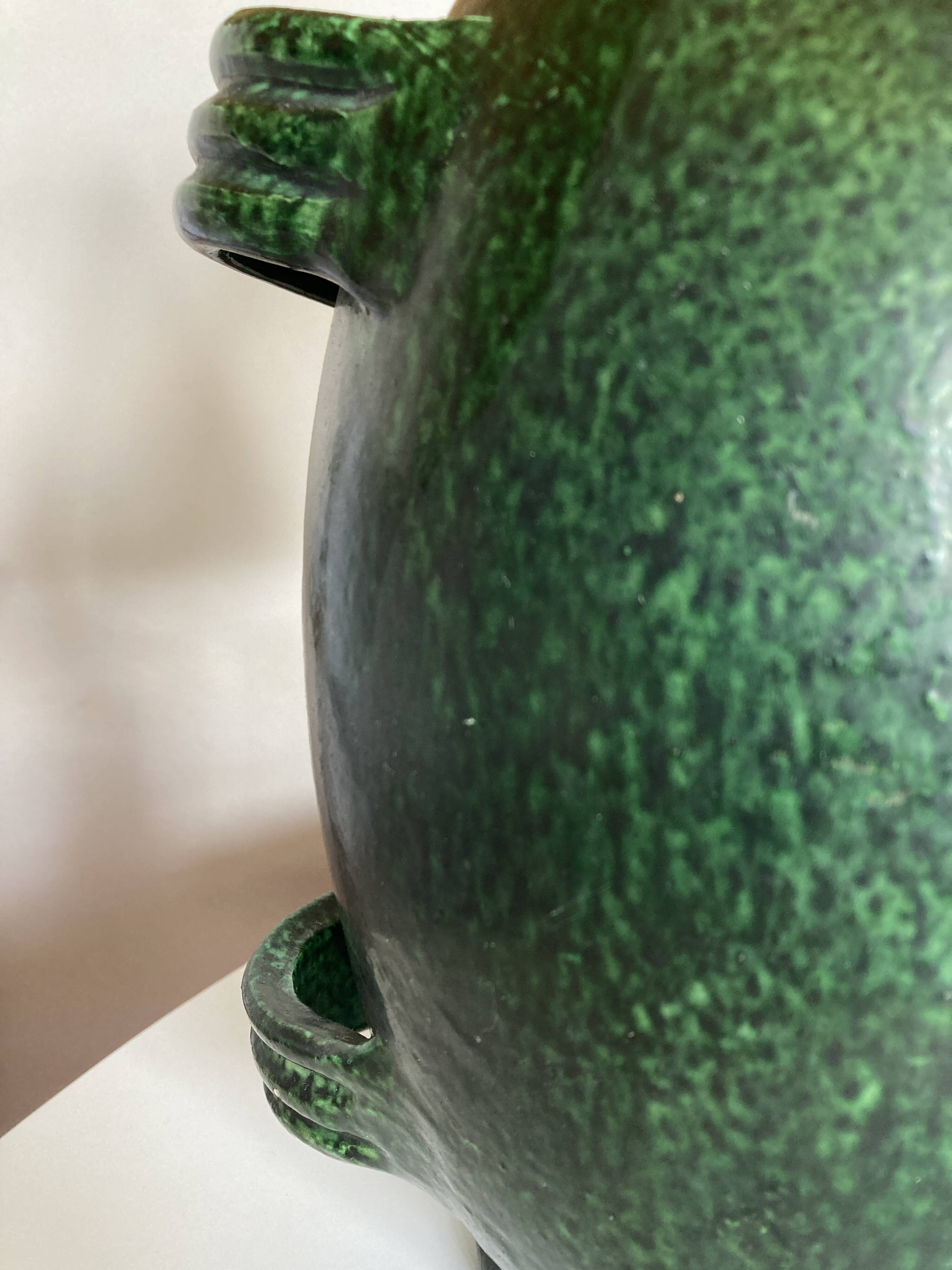 XXL green glazed terracotta lamp by Foucart Jourdan Vallauris 1960