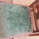 lot of 2 wooden chairs and green velvet