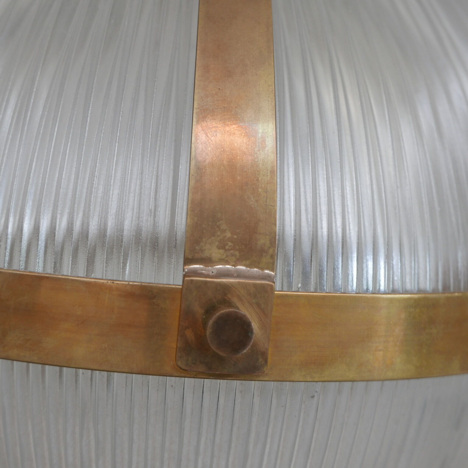 Brass and Glass Holophane Style Mid-Century Pendant Light